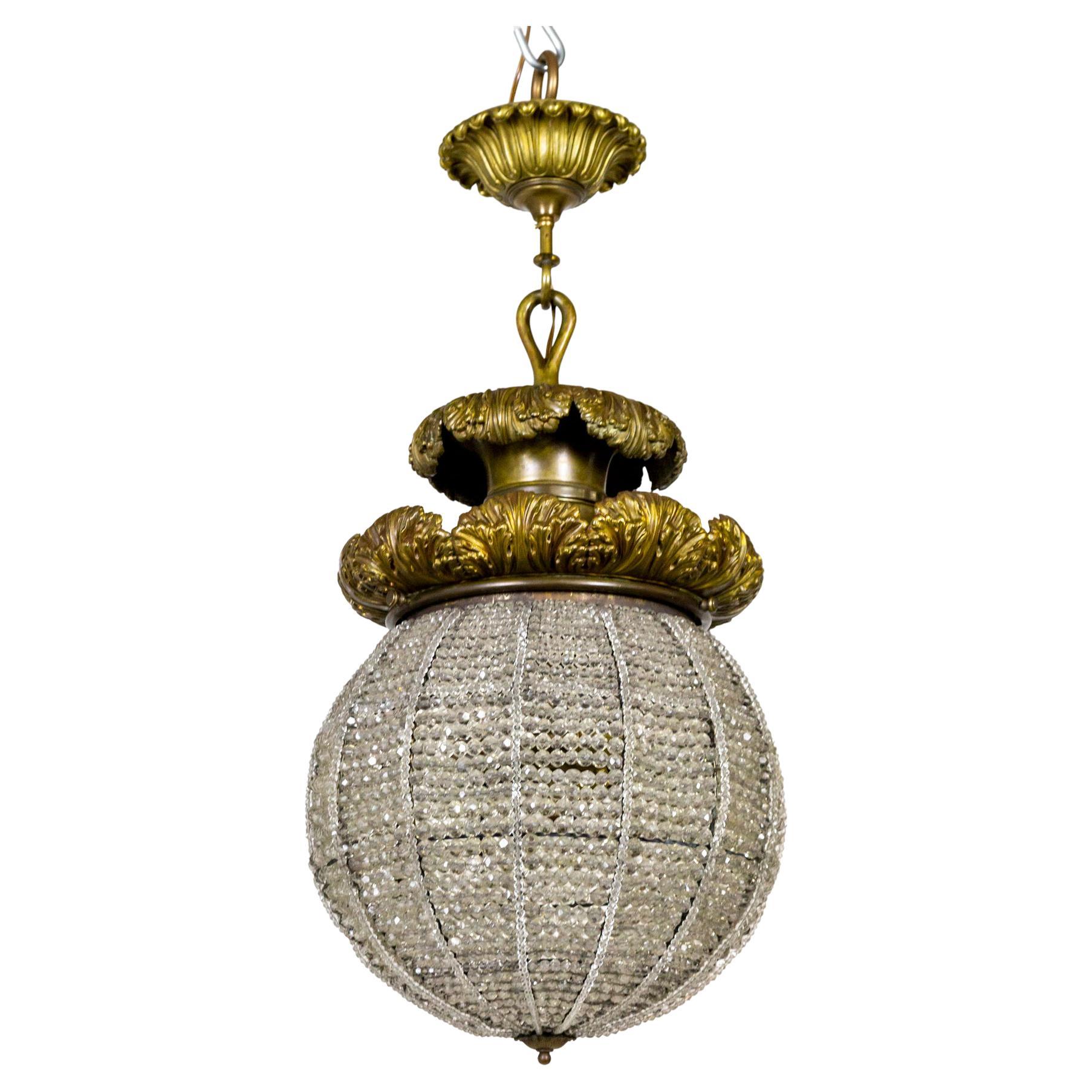 Large Belle Epoque Beaded Crystal Sphere Light Fixture w/ Bronze Foliate