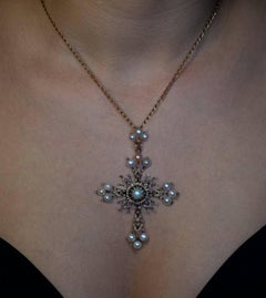 Large Belle Epoque Natural Pearl and Diamond Cross Pendant 1880s
