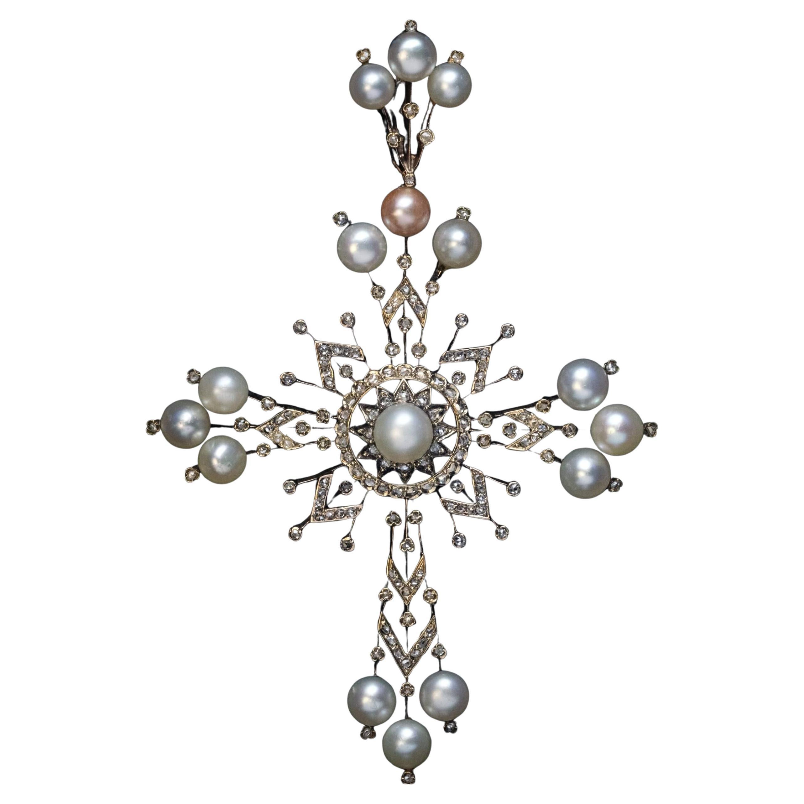 Large Belle Epoque Natural Pearl and Diamond Cross Pendant 1880s For Sale