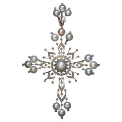 Large Belle Epoque Natural Pearl and Diamond Cross Pendant 1880s