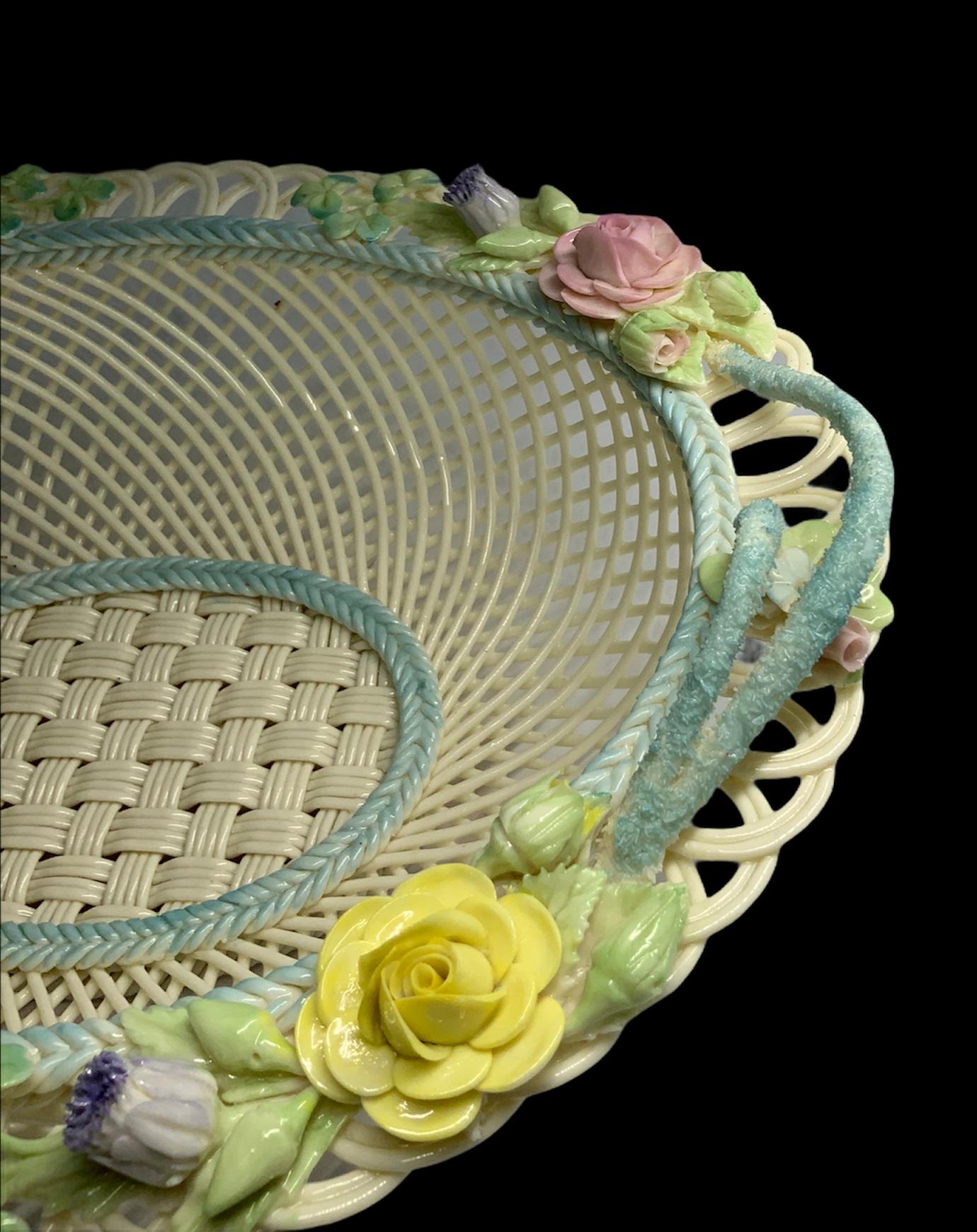 20th Century Large Belleek Porcelain Woven Basket