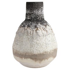 Large Bellied Vase Stoneware Black Clay, White Matt and Cracked Porcelain Finish