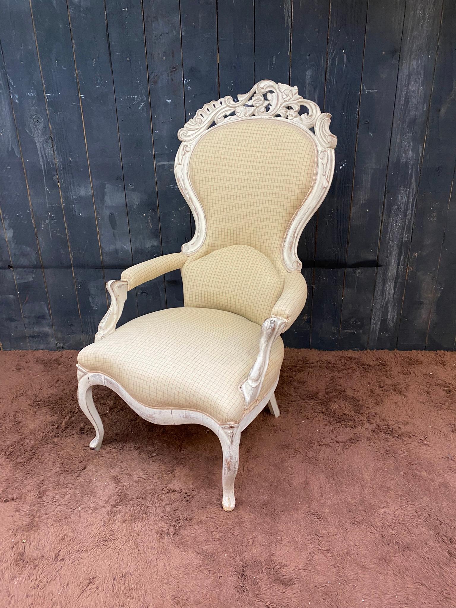 European Large Bergere Armchair in Louis XV Style, in Painted Wood For Sale