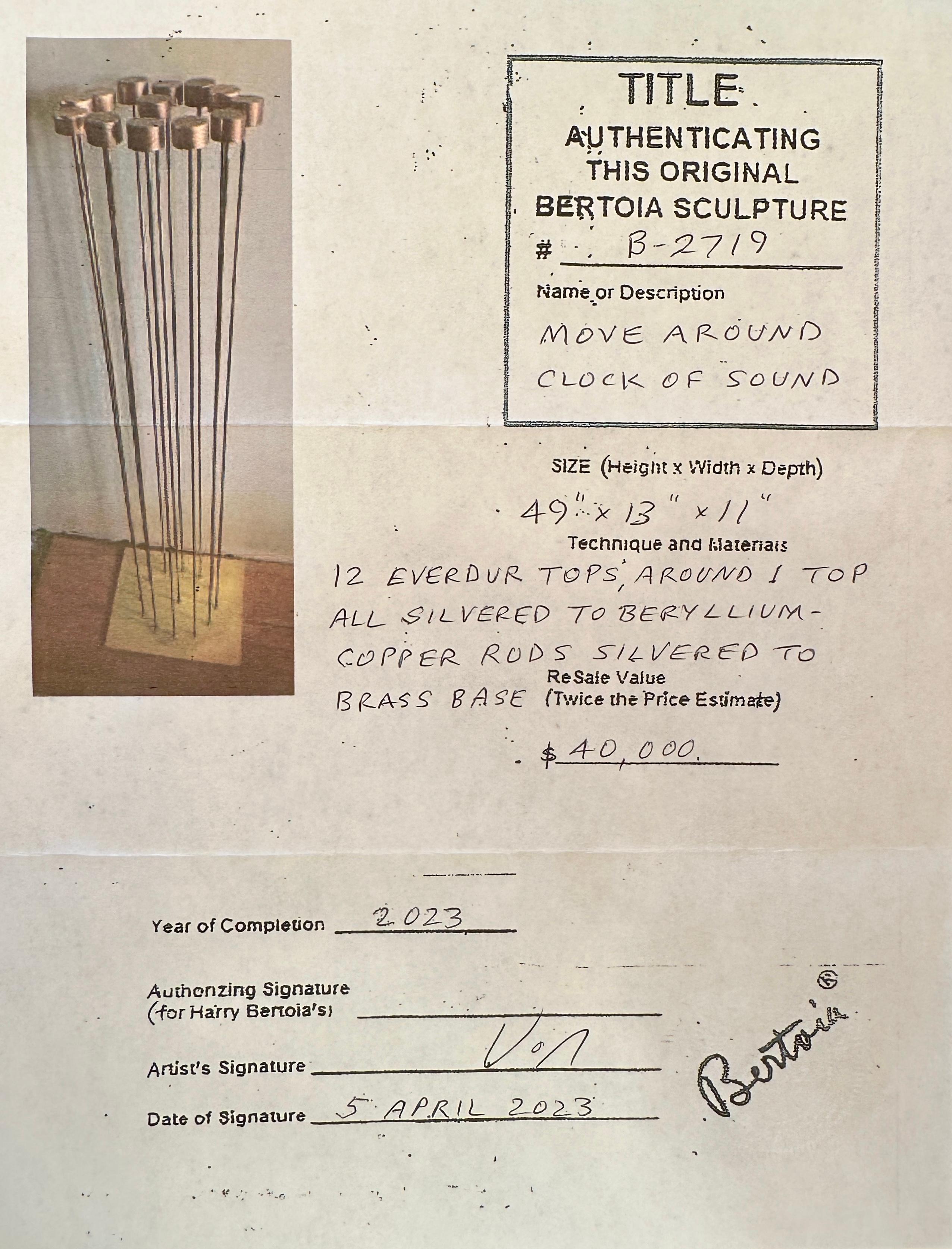 Large Bertoia Studios 13-Rod 'Move Around Clock of Sound B-2719' Metal Sculpture. A lyrical and musical sound sculpture with certificate of authenticity signed by Val, the artist and son of the original designer, Harry Bertoia. Hand made at the