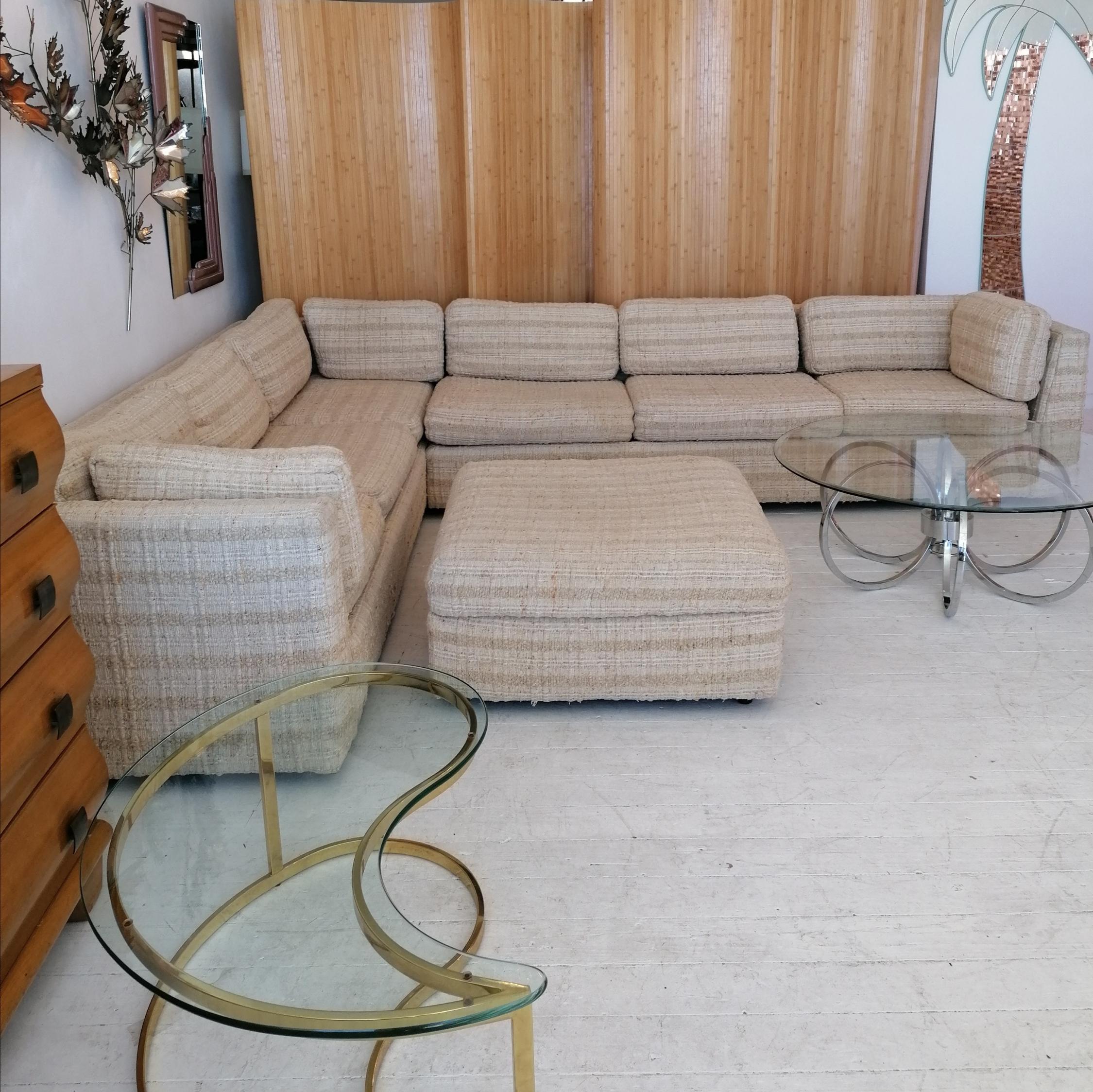 This huge bespoke 1970s American sectional sofa was bought from a high-end apartment in Palm Springs, California. Its amazing original Maria Kipp style woven heavily-textured upholstery is in overall good condition- there are a few pulled or loose