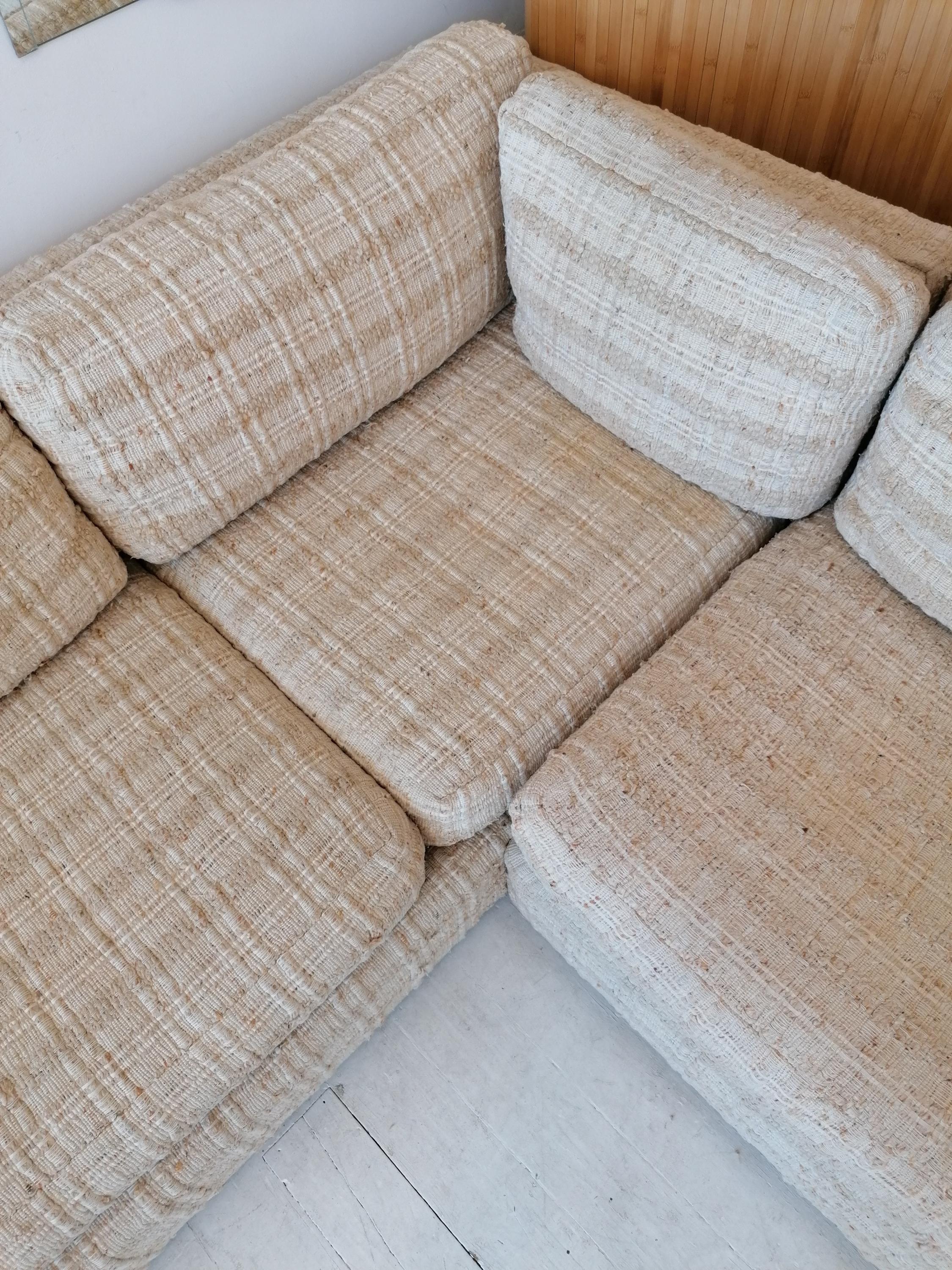 Large Bespoke Mid Century 1970s Sectional Sofa & Footstool Woven Upholstery 1