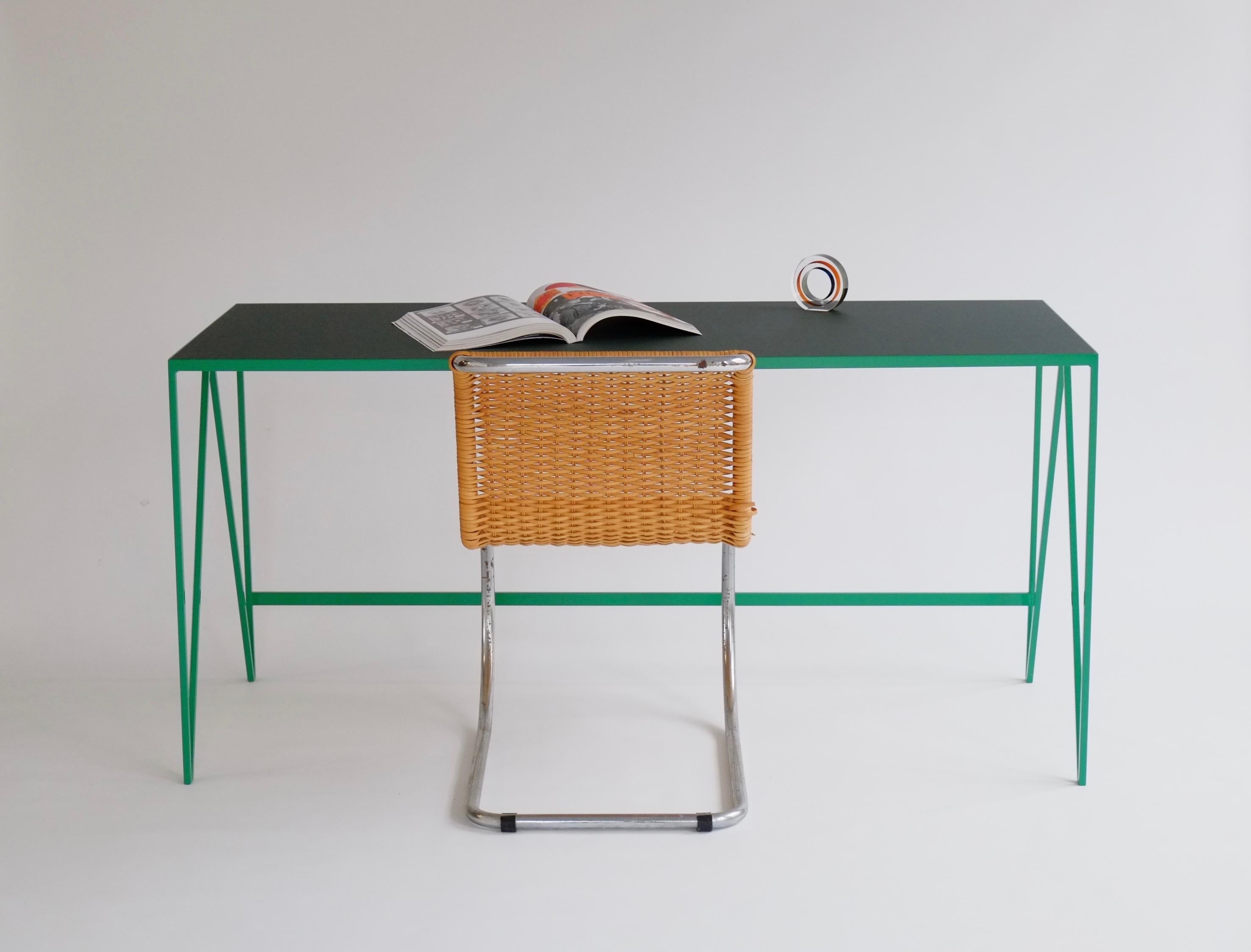 Welded Large Green Study Desk with Natural Linoleum Top, Customizable Writing Table For Sale