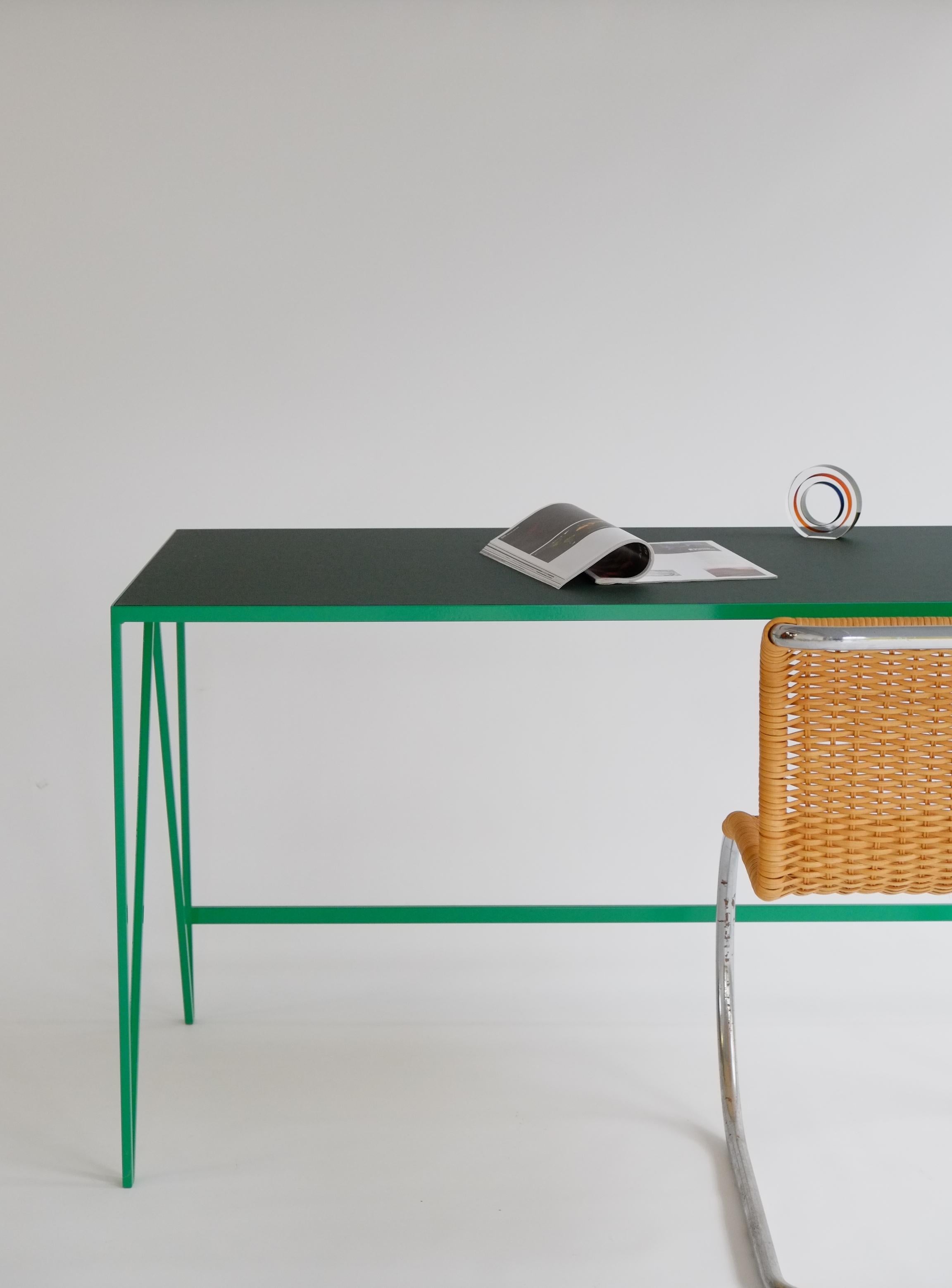 Large Green Study Desk with Natural Linoleum Top, Customizable Writing Table In New Condition For Sale In Leicester, GB