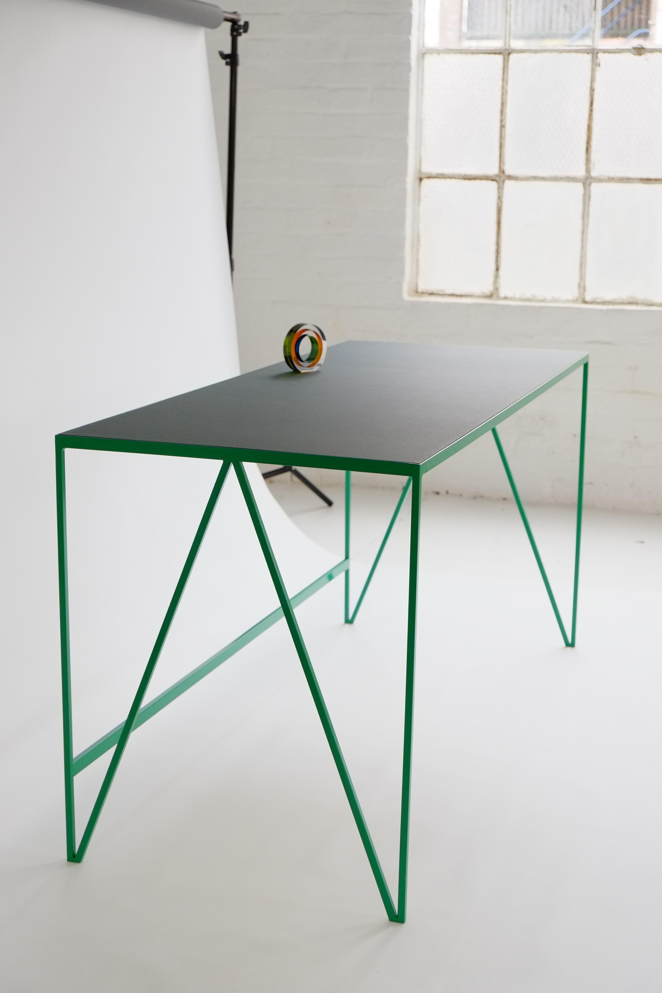 Steel Large Green Study Desk with Natural Linoleum Top, Customizable Writing Table For Sale