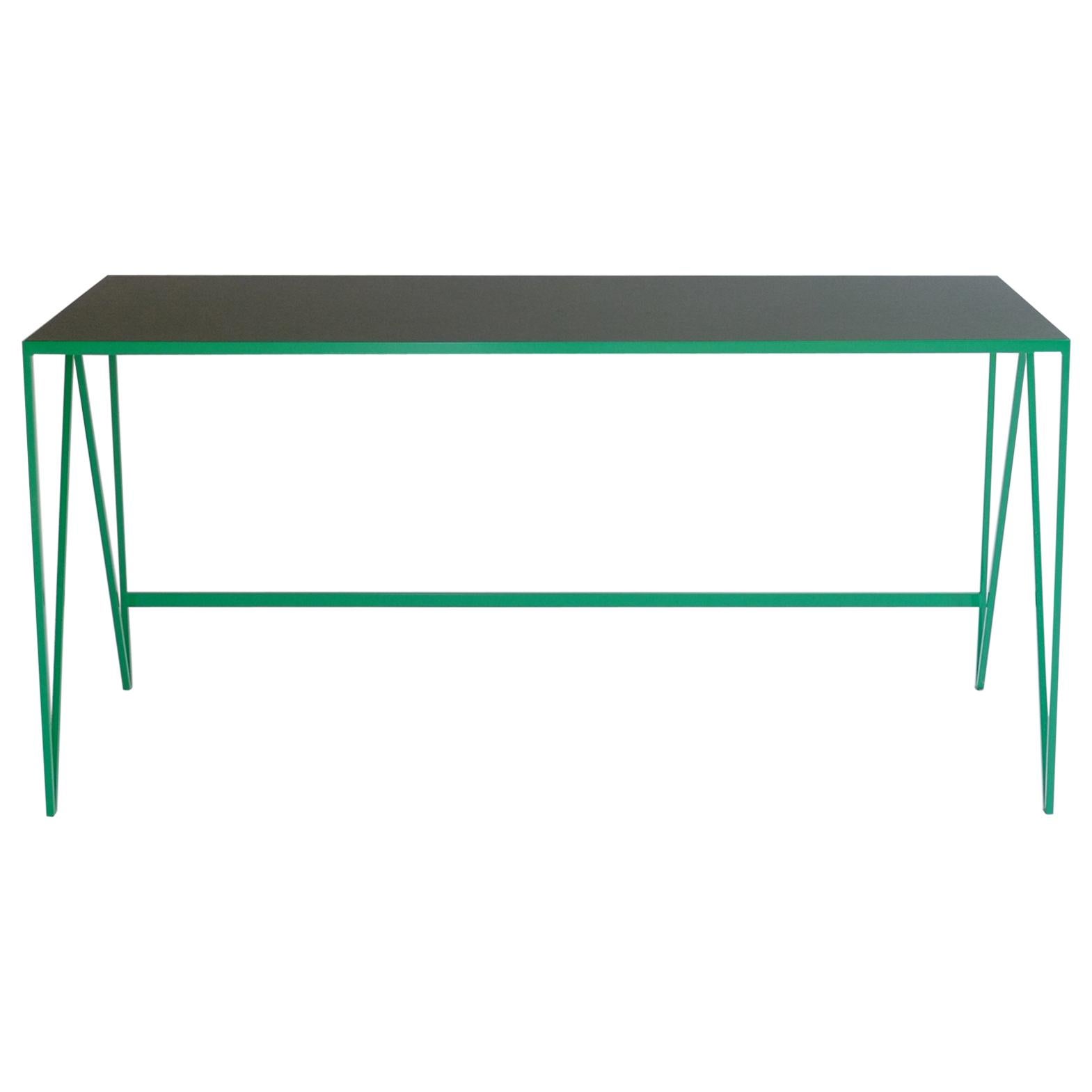 Large Green Study Desk with Natural Linoleum Top, Customizable Writing Table For Sale