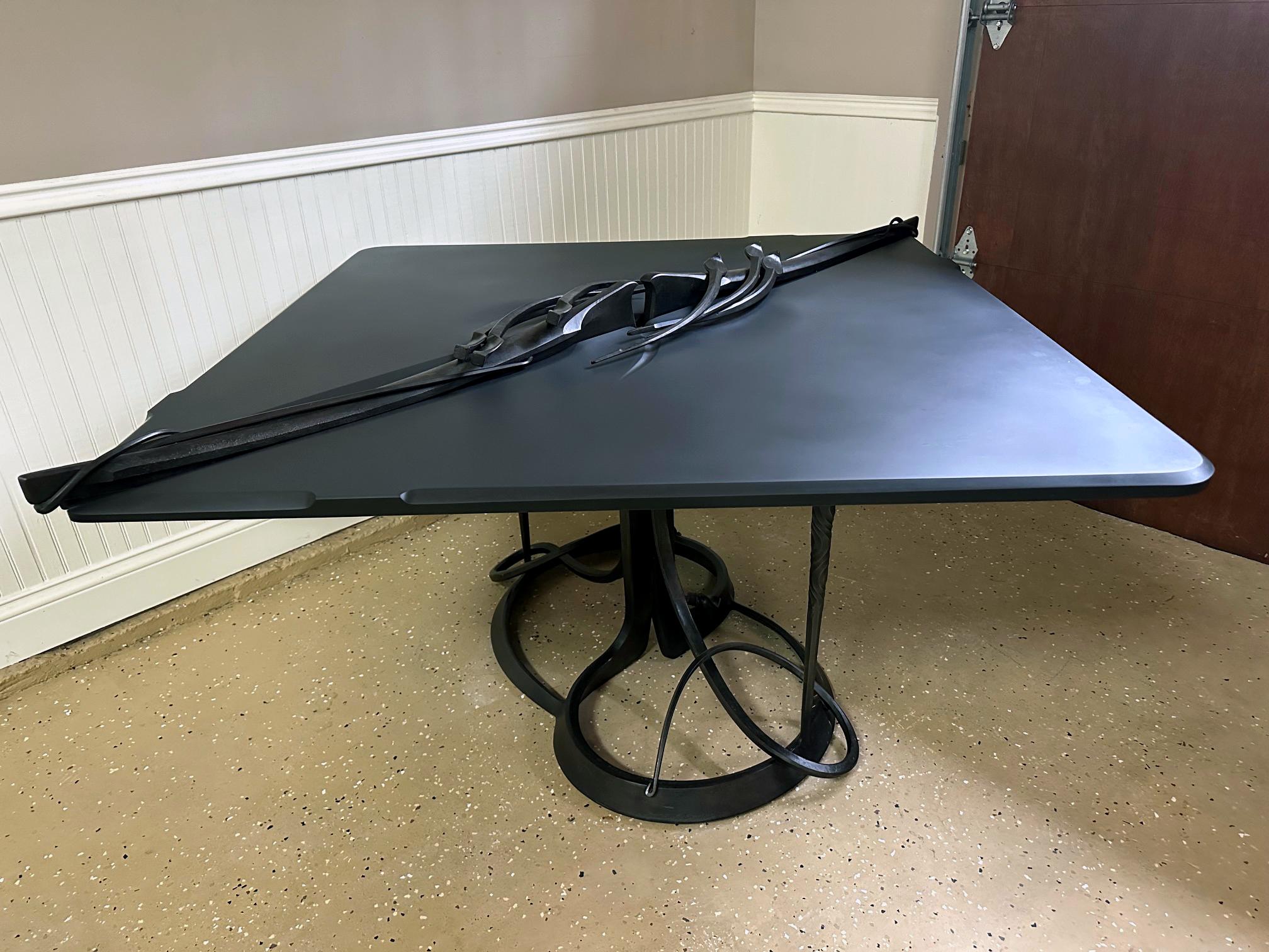 American Large Bespoken Sculpted Steel Table with Slate Top Albert Paley For Sale