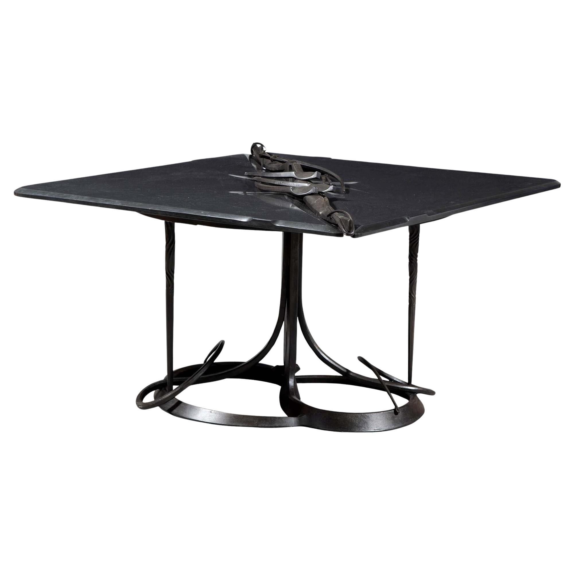 Large Bespoken Sculpted Steel Table with Slate Top Albert Paley For Sale