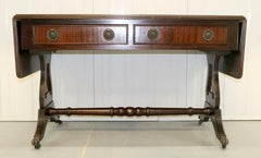 Large Bevan Funnell Brown Leather Top Drop Leaf Console Hall End Side Table