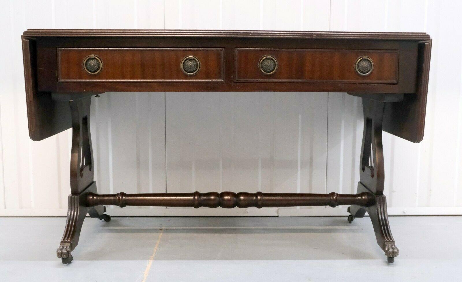 English Large Bevan Funnell Brown Leather Top Drop Leaf Console Hall End Side Table