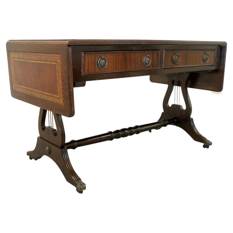 Large Bevan Funnell Brown Leather Top Drop Leaf Console Hall End Side