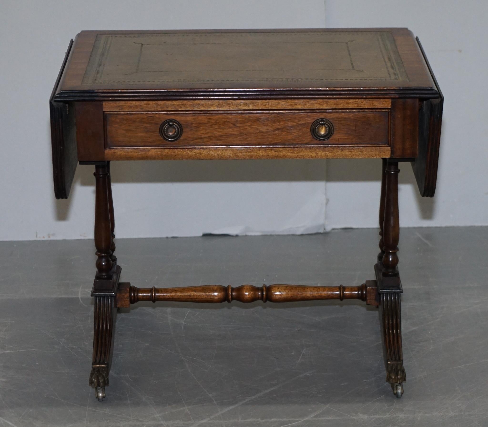 Victorian Large Bevan Funnell Green Leather Extending Hardwood Side End Lamp Card Table For Sale