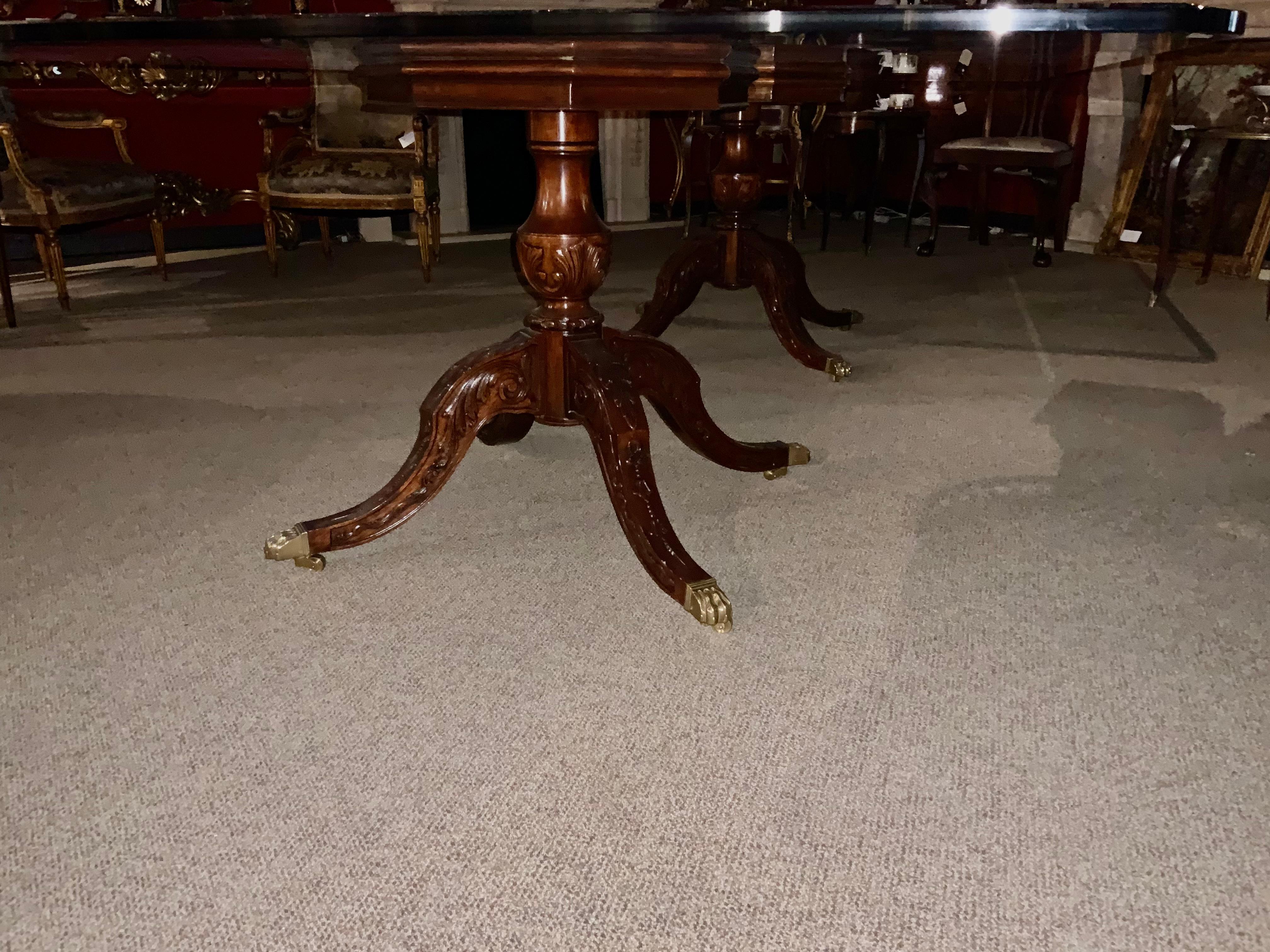 American Large Beveled Glass Top Dining Table on Double Mahogany Carved Bases