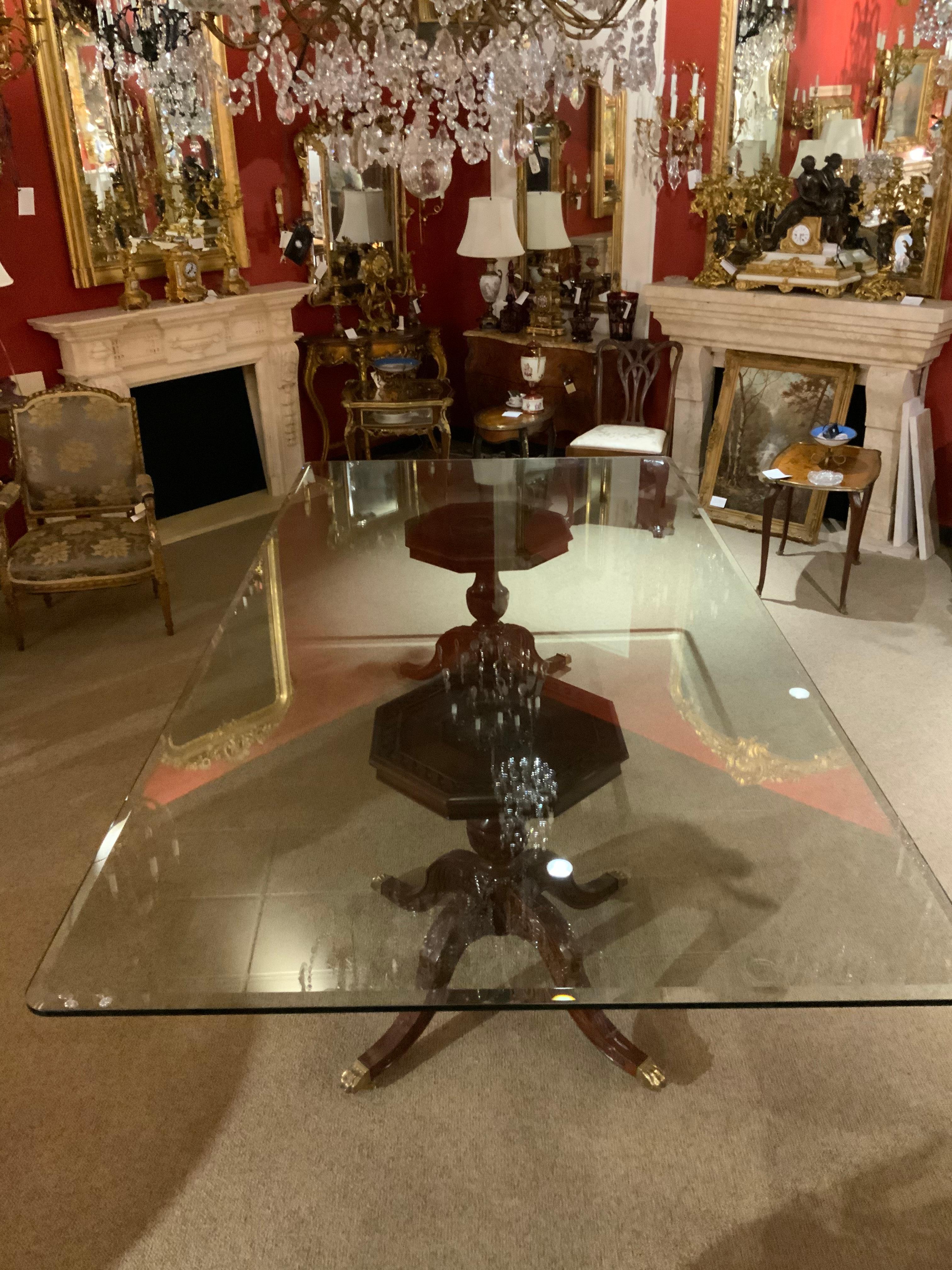 Contemporary Large Beveled Glass Top Dining Table on Double Mahogany Carved Bases