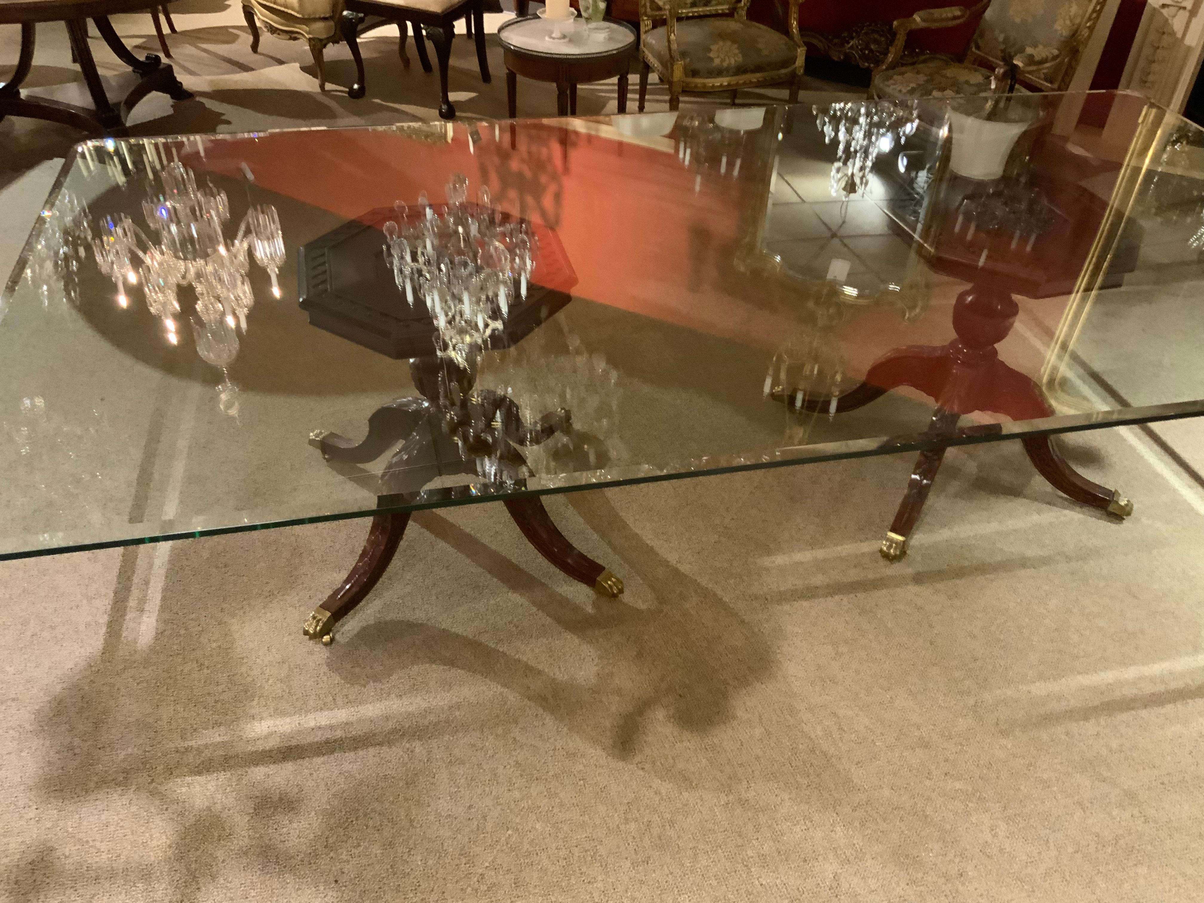Large Beveled Glass Top Dining Table on Double Mahogany Carved Bases 1