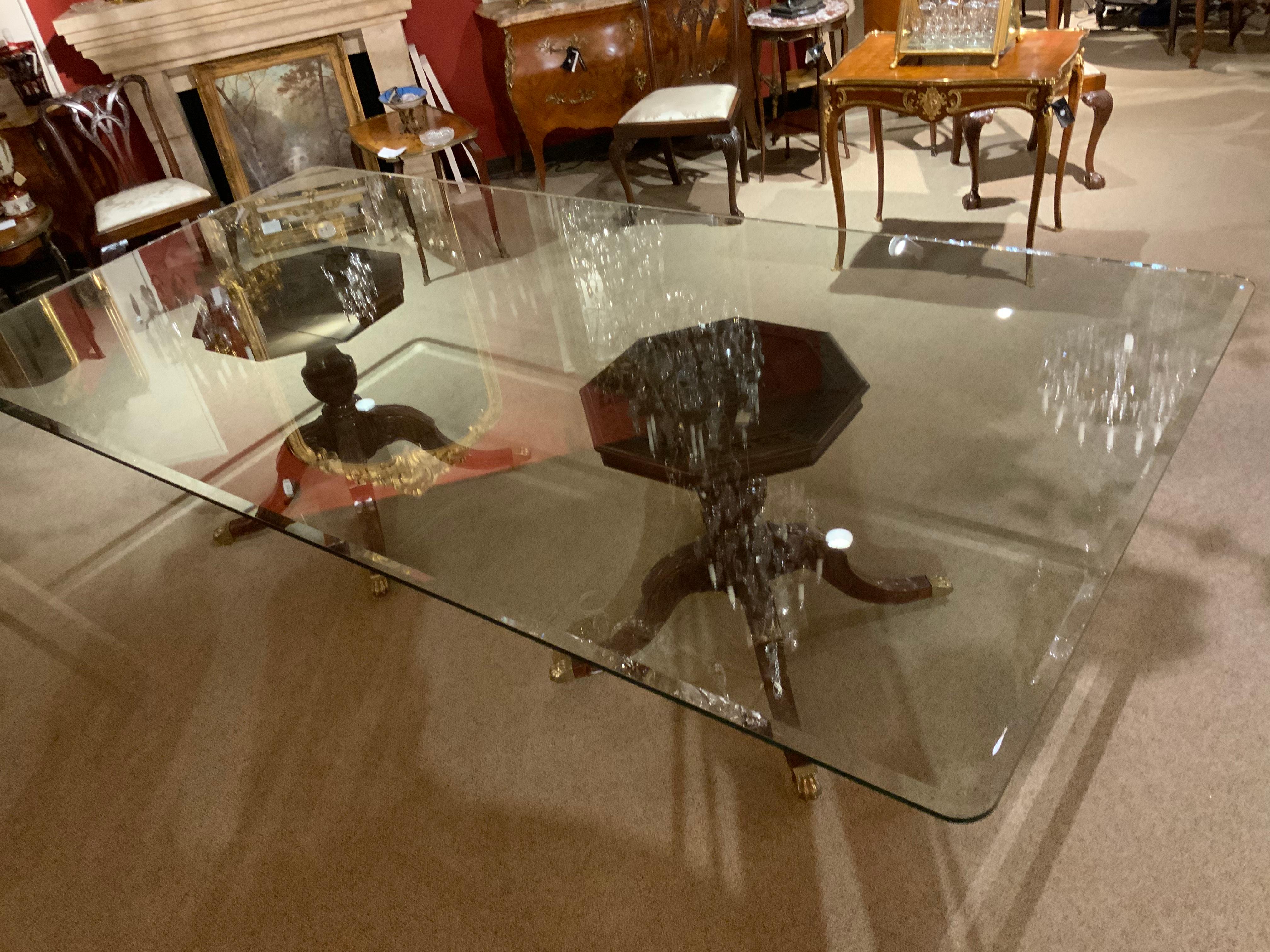 Large Beveled Glass Top Dining Table on Double Mahogany Carved Bases 3