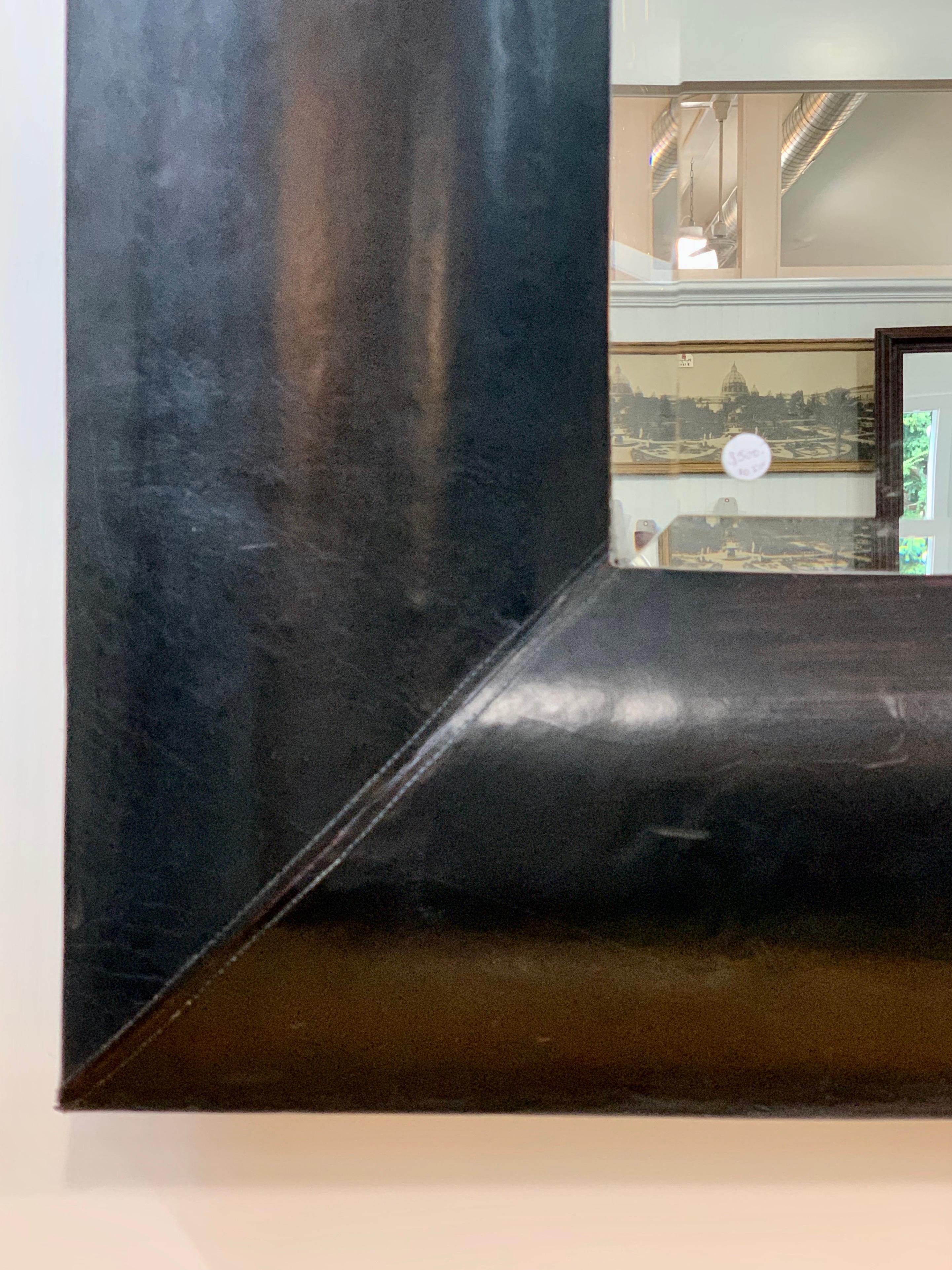 Large Beveled Mirror with Custom Brown Leather Frame In Good Condition In West Hartford, CT