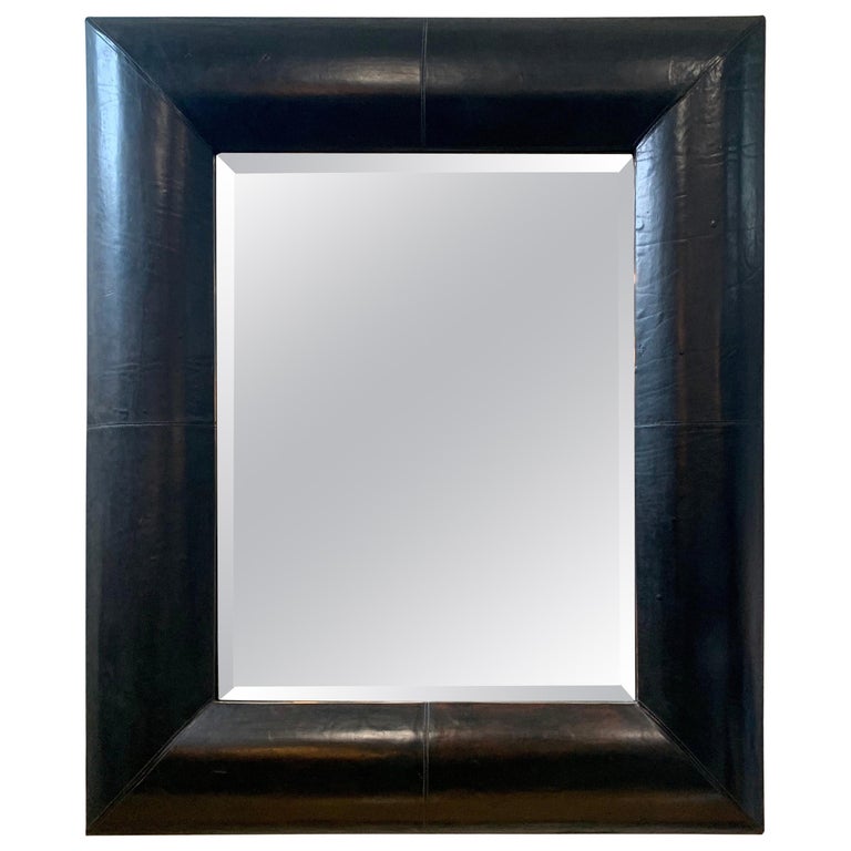 Large Beveled Mirror with Custom Brown Leather Frame at 1stDibs full