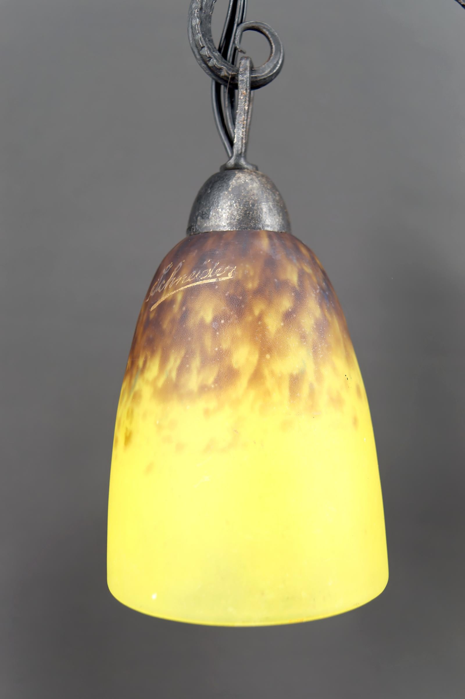 Large Bicéphalous Wrought Iron Lamp by Schneider, France, Art Deco, Circa 1920 For Sale 4