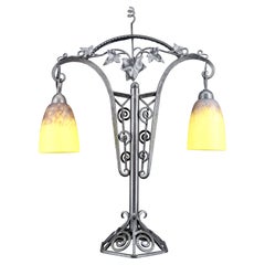 Large Bicéphalous Wrought Iron Lamp by Schneider, France, Art Deco, Circa 1920