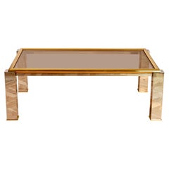 Large Bicolor Brass and Chrome Smoked Glass Coffee Table 1970s Springer Style