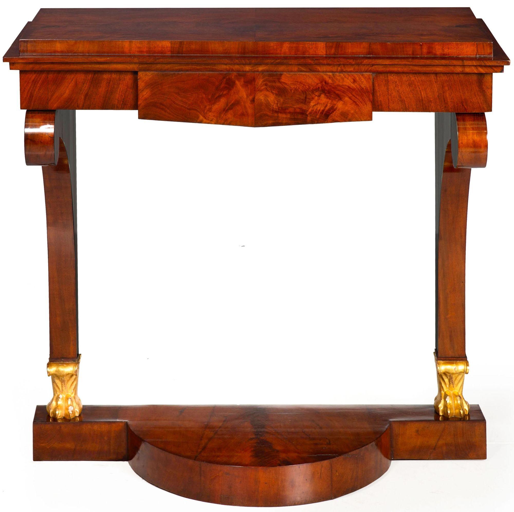BIEDERMEIER FLAMED-MAHOGANY AND PARCEL-GILT PIER MIRROR AND CONSOLE
Northern Europe, circa 1820-40
Item # 407OYP16P

A stunning presentation, this fine Biedermeier mirror and pier table stand together at just over 100