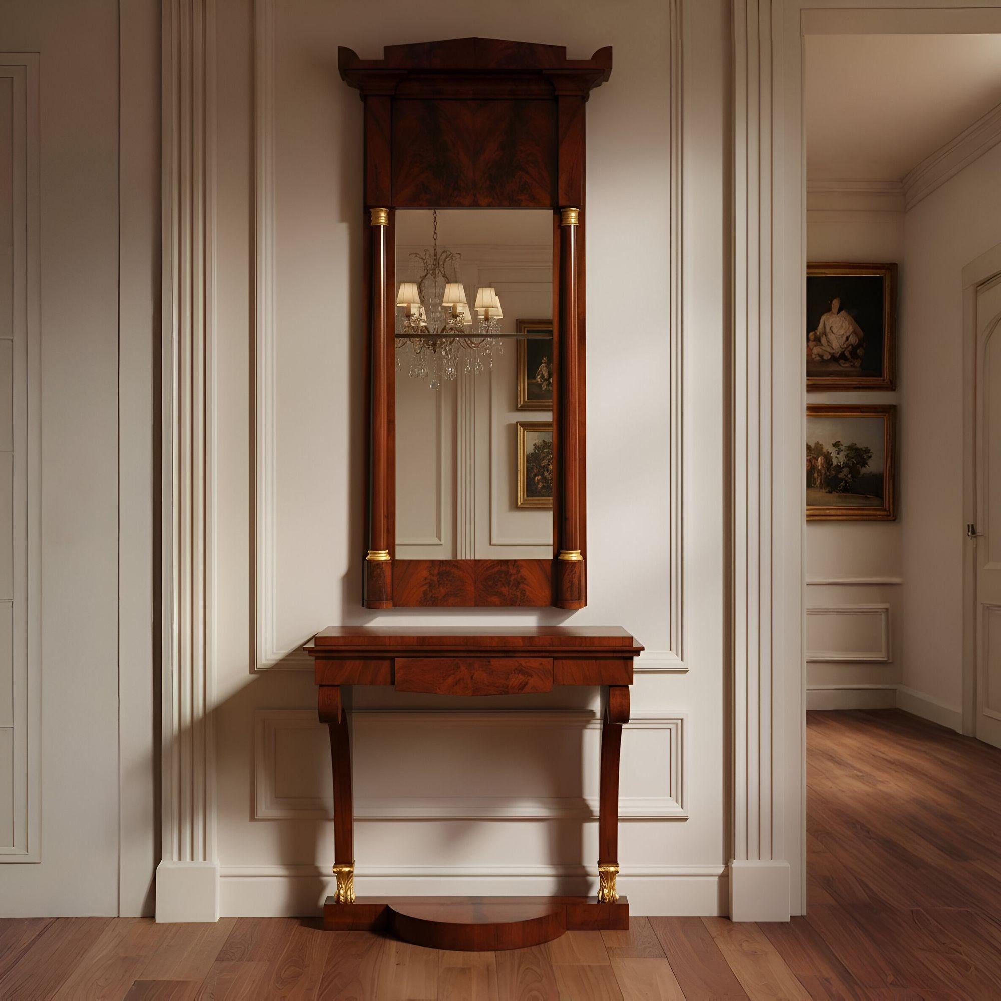 BIEDERMEIER FLAMED-MAHOGANY AND PARCEL-GILT PIER MIRROR AND CONSOLE
Northern Europe, circa 1820-40
Item # 407OYP16P

A stunning presentation, this fine Biedermeier mirror and pier table stand together at just over 100