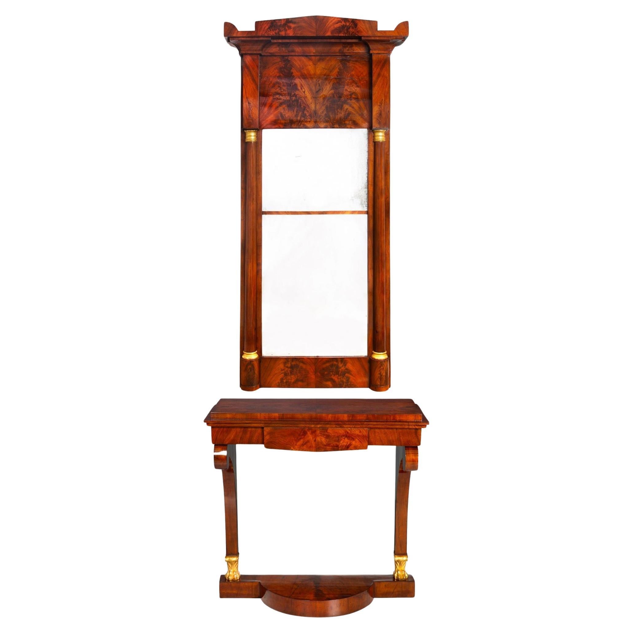 Grand miroir de pilier et table console Biedermeier en acajou ancien, vers 1820-40