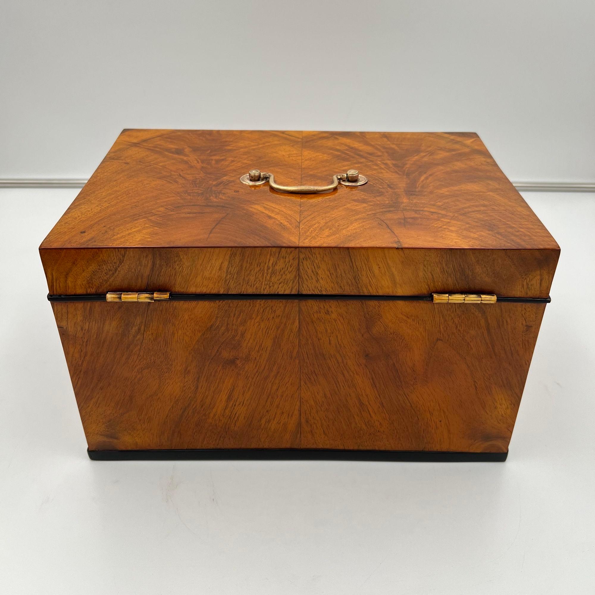 Large Biedermeier Box or Chest, Walnut Veneer, Brass, South Germany circa 1820 For Sale 6