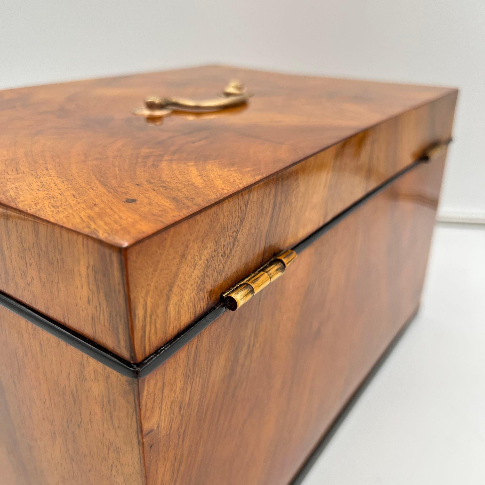 Large Biedermeier Box or Chest, Walnut Veneer, Brass, South Germany circa 1820 For Sale 9
