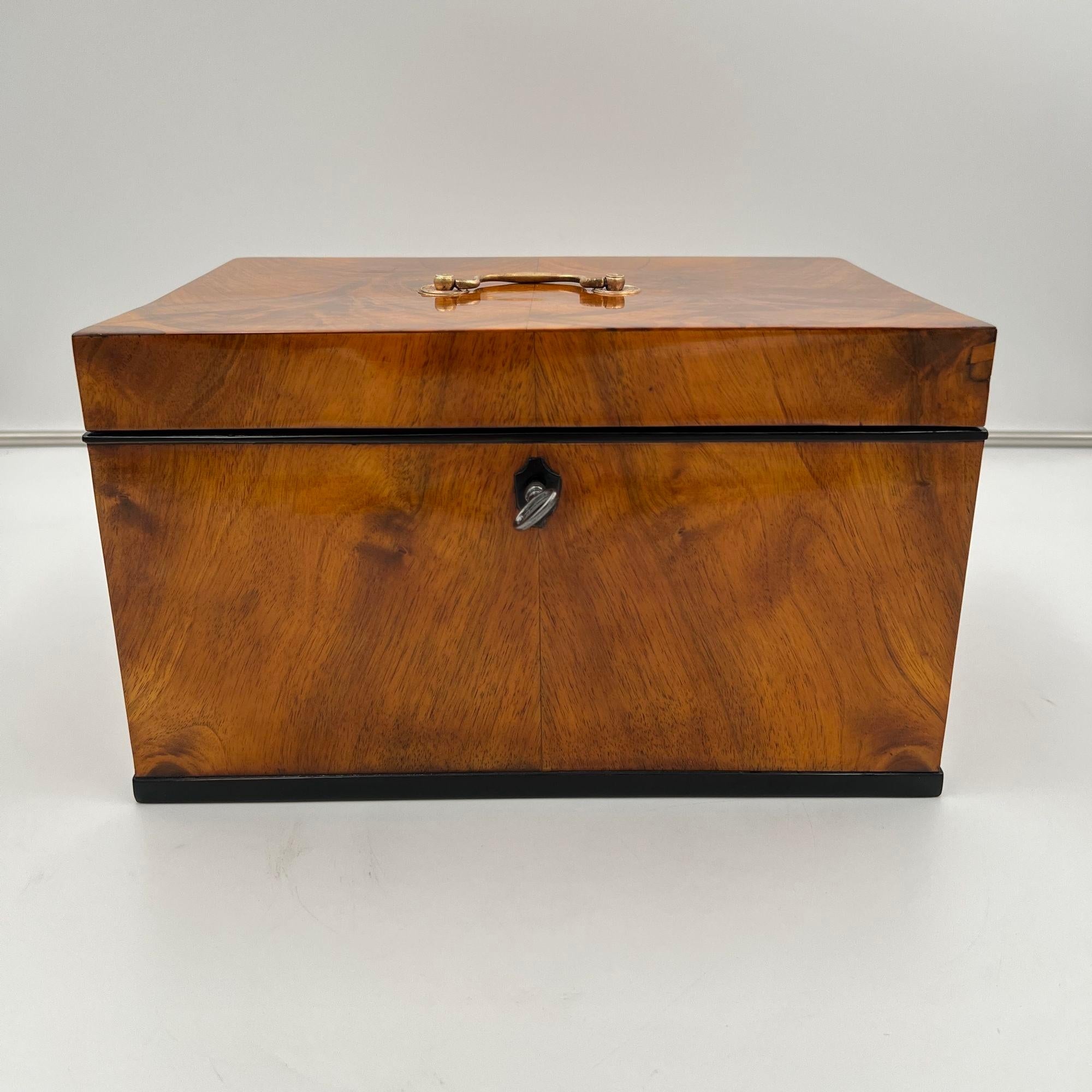 Large Biedermeier Box or small chest in walnut veneer from Southern Germany around 1820.
Original brass handle. Ebonized key escutcheon and edges. Restored and hand-polished with shellac.

Dimensions:
H 19 cm / 7.5 in
W 32 cm / 12.6 in
D 22 cm / 8.7
