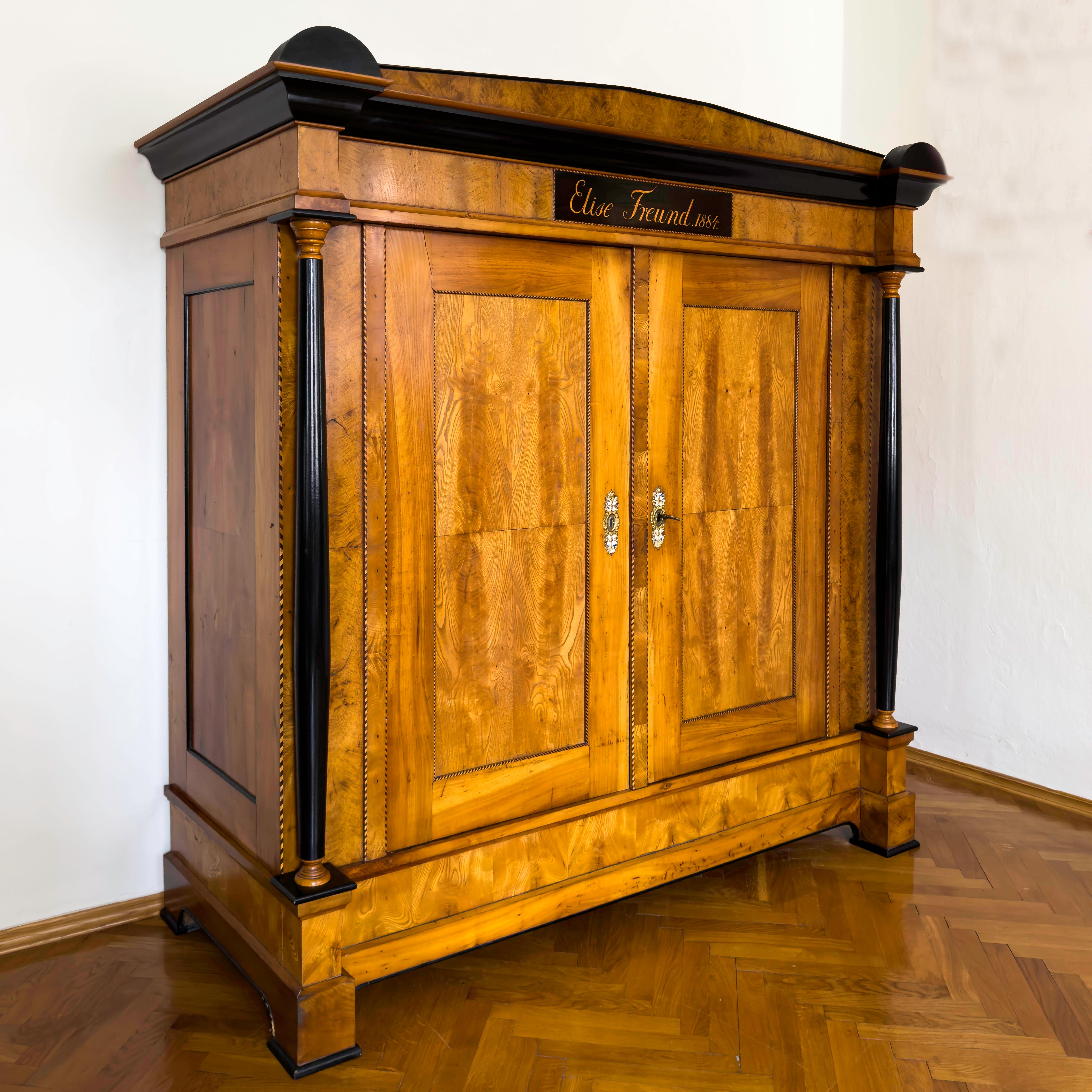 German Large Biedermeier-Style Wardrobe in Ash and Cherry, Dated 1884 For Sale