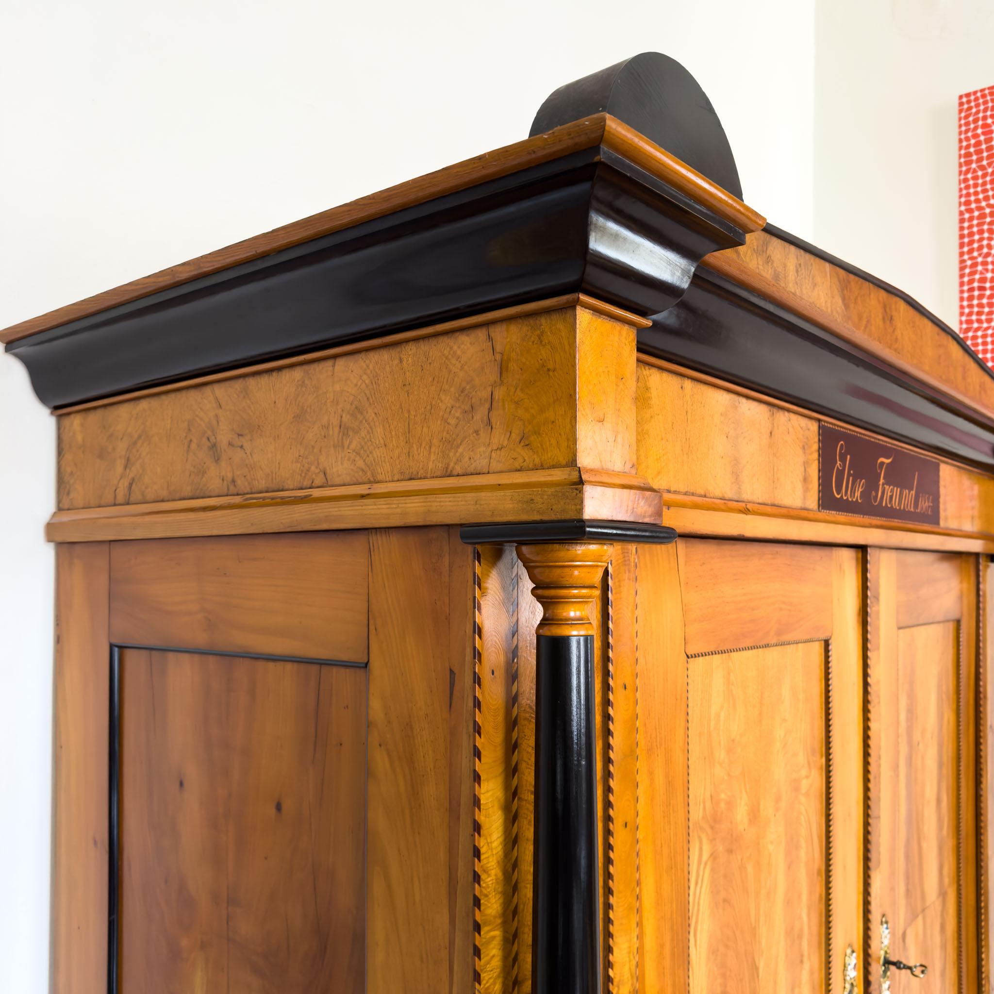 Large Biedermeier-Style Wardrobe in Ash and Cherry, Dated 1884 For Sale 2