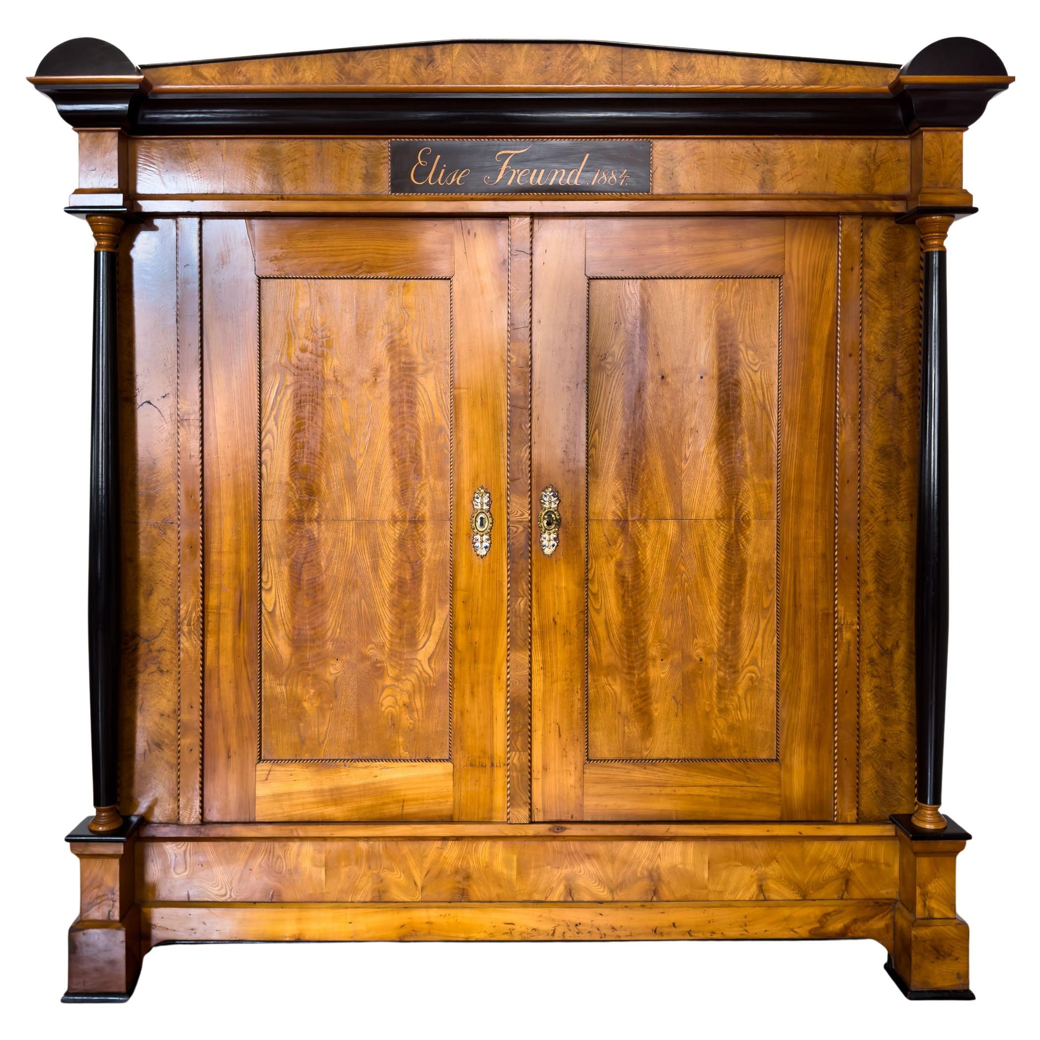 Large Biedermeier-Style Wardrobe in Ash and Cherry, Dated 1884