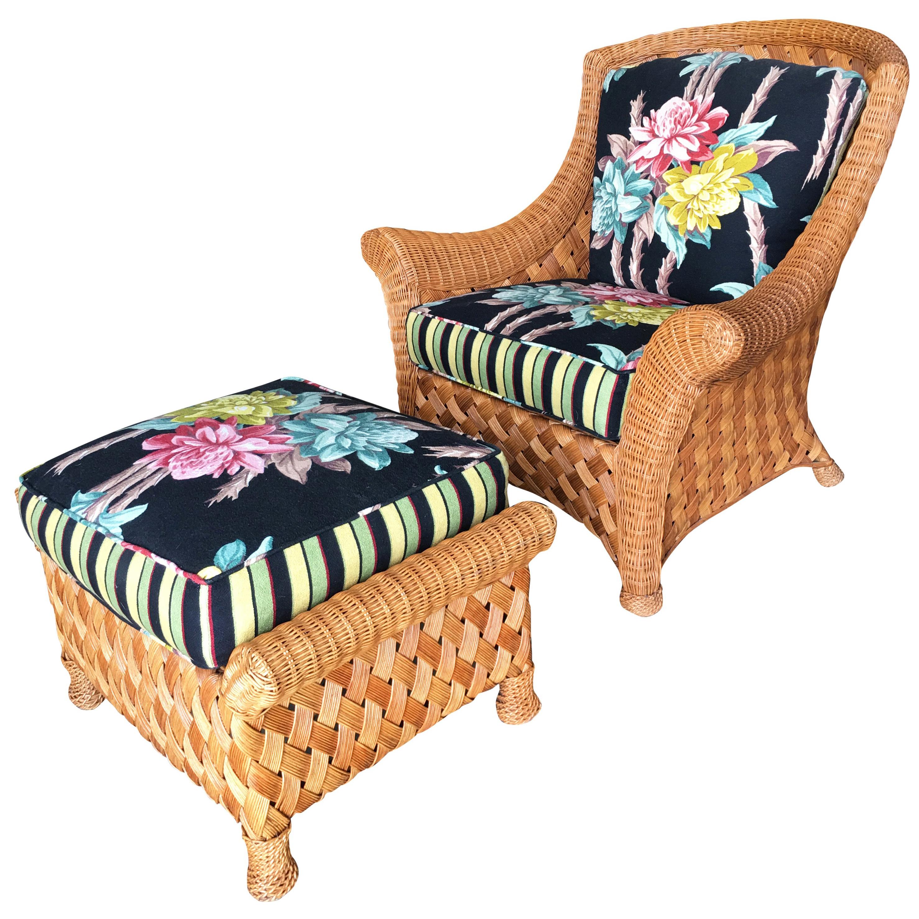 Large "Big Daddy" Woven Wicker Lounge Chair with Matching Ottoman For Sale