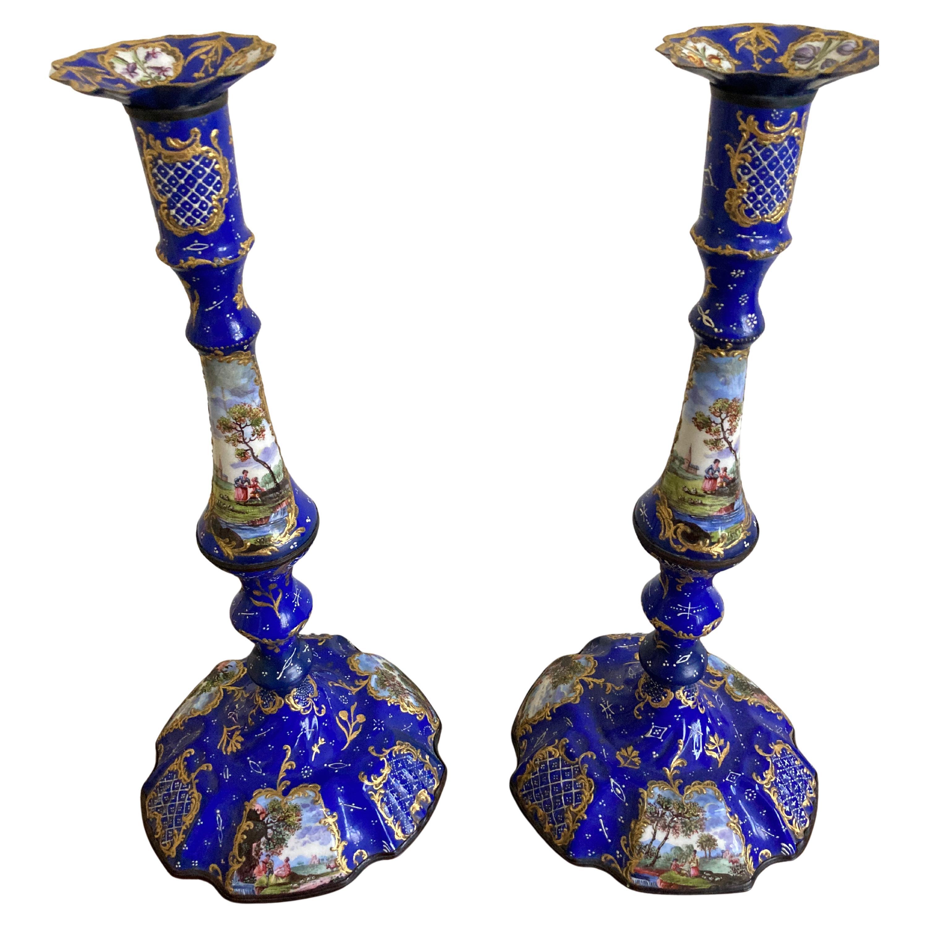 Large Bilston Enamel Candlesticks, Cobalt Blue with Gilt & Scenic Reserves c1780