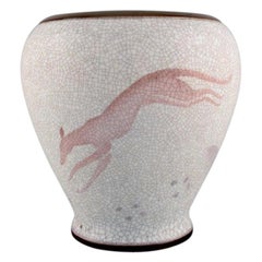 Antique Large Bing and Grøndahl Vase in Crackled Porcelain with Leaping Animal, 1920s