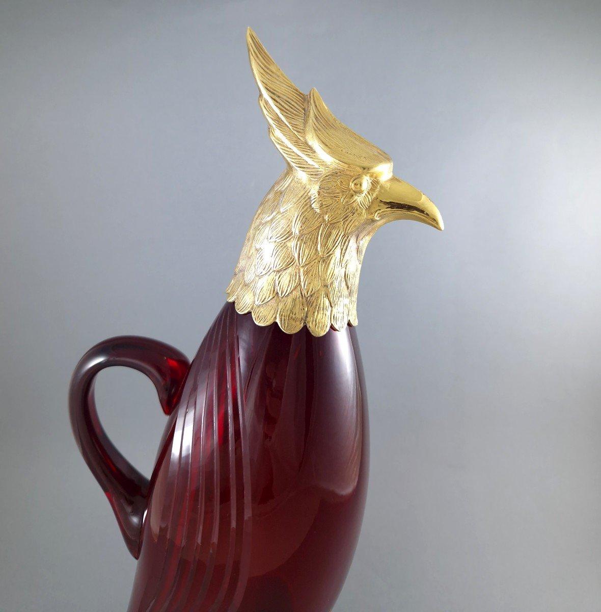Grande cruche en verre et en vermeil (or sur argent) en forme d'oiseau 
Œuvres espagnoles du 20e siècle 
Poinçon d'argent espagnol : une étoile 
Hauteur : 36,5 cm