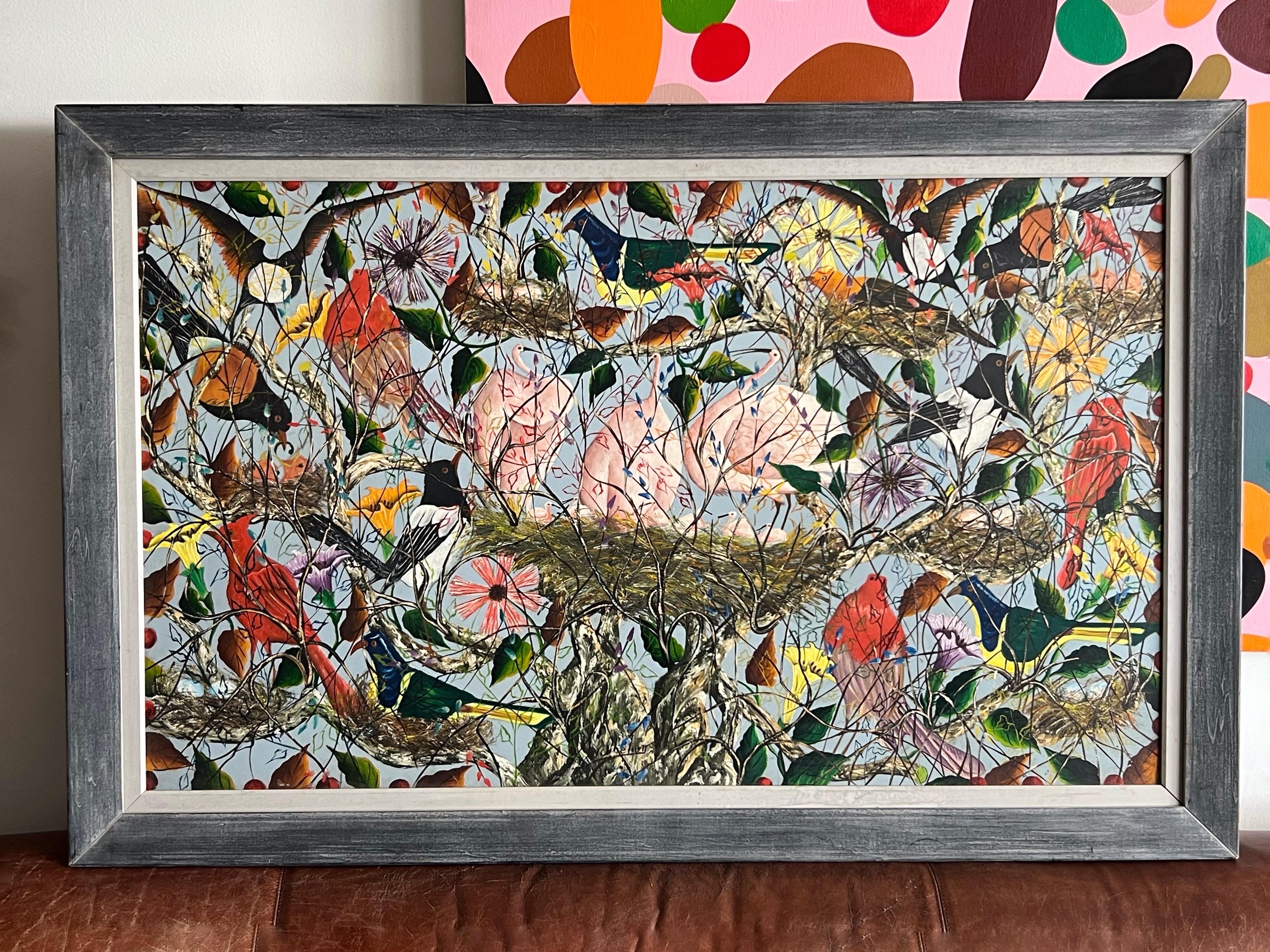 Spektakuläres Öl auf Karton mit mehreren Vögeln und vielen Blumen. Ein großformatiges Gemälde. Im modernen, naiven haitianischen Stil. 