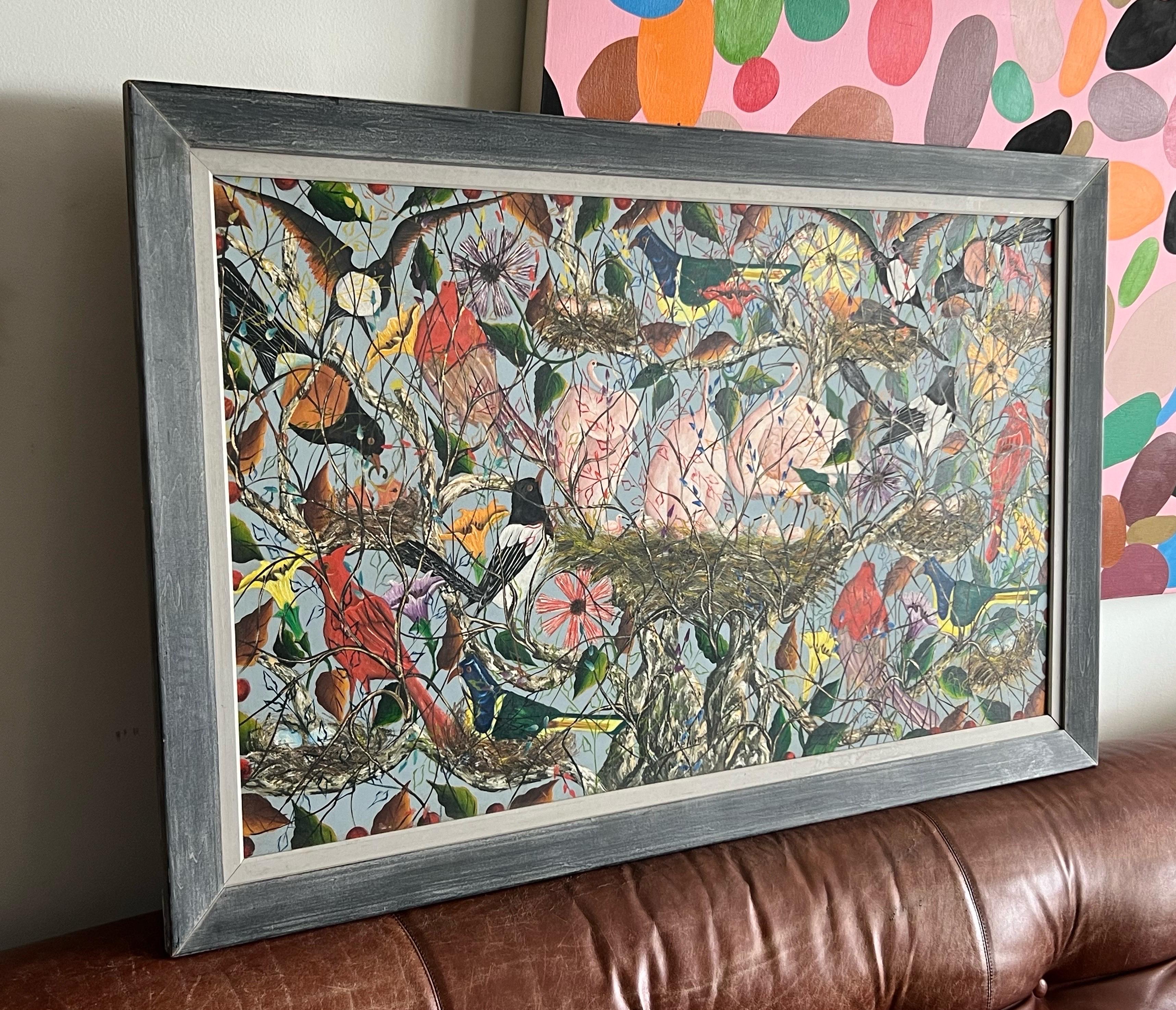 Large Birds and Flowers Haitian Modern Oil Painting on Board In Good Condition For Sale In Miami, FL