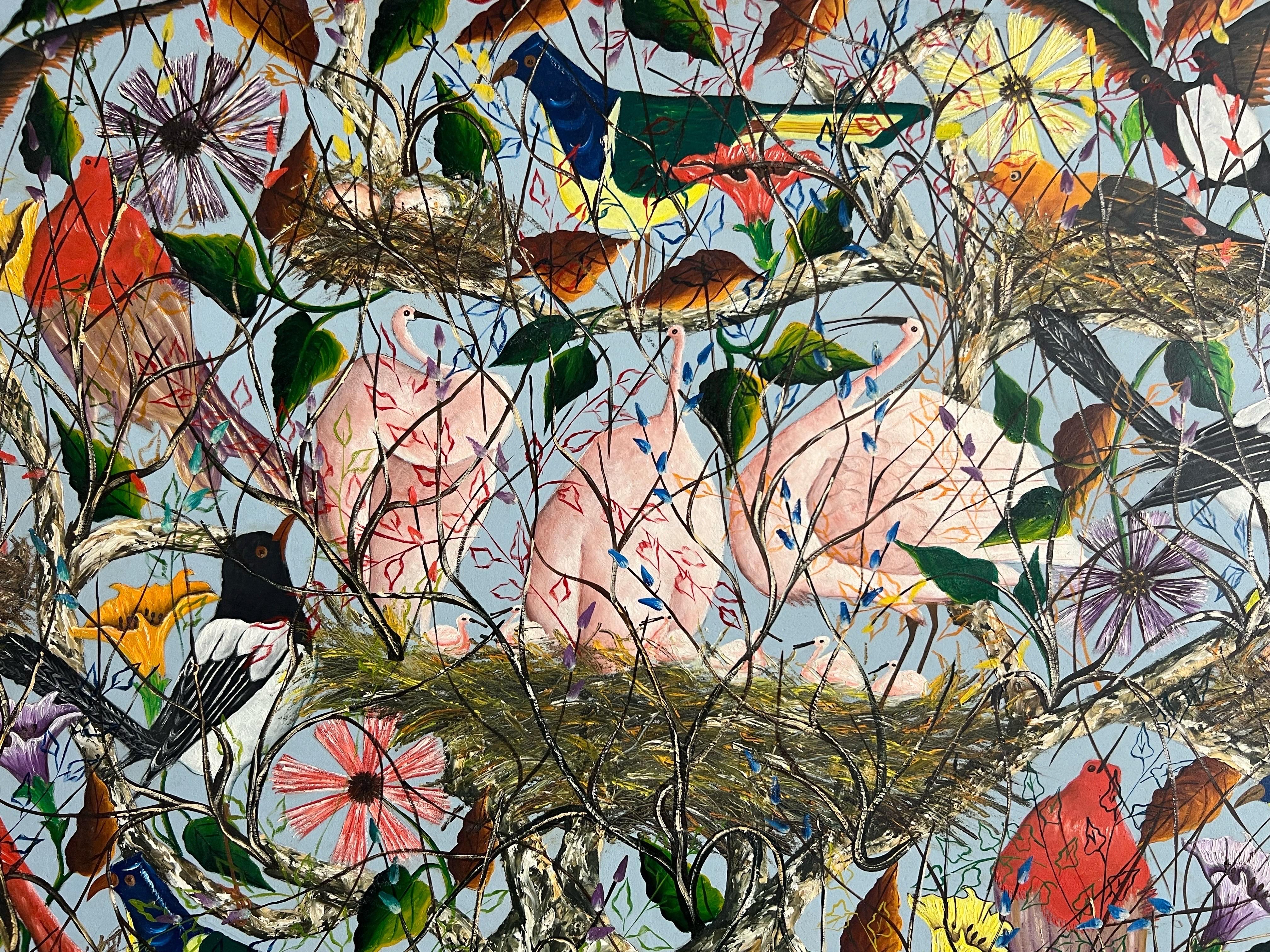 Large Birds and Flowers Haitian Modern Oil Painting on Board For Sale 5