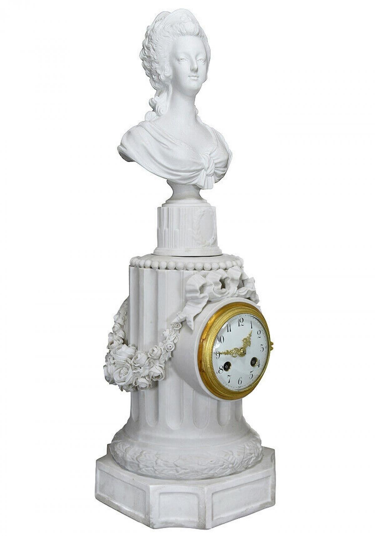 Large biscuit clock - Marie-Antoinette
Large clock in finely worked biscuit and gilt bronze. 
Period: Napoleon III - 19th century
Style: Louis XVI
Dimensions: Height : 56cm x width : 20cm x depth : 20cm.