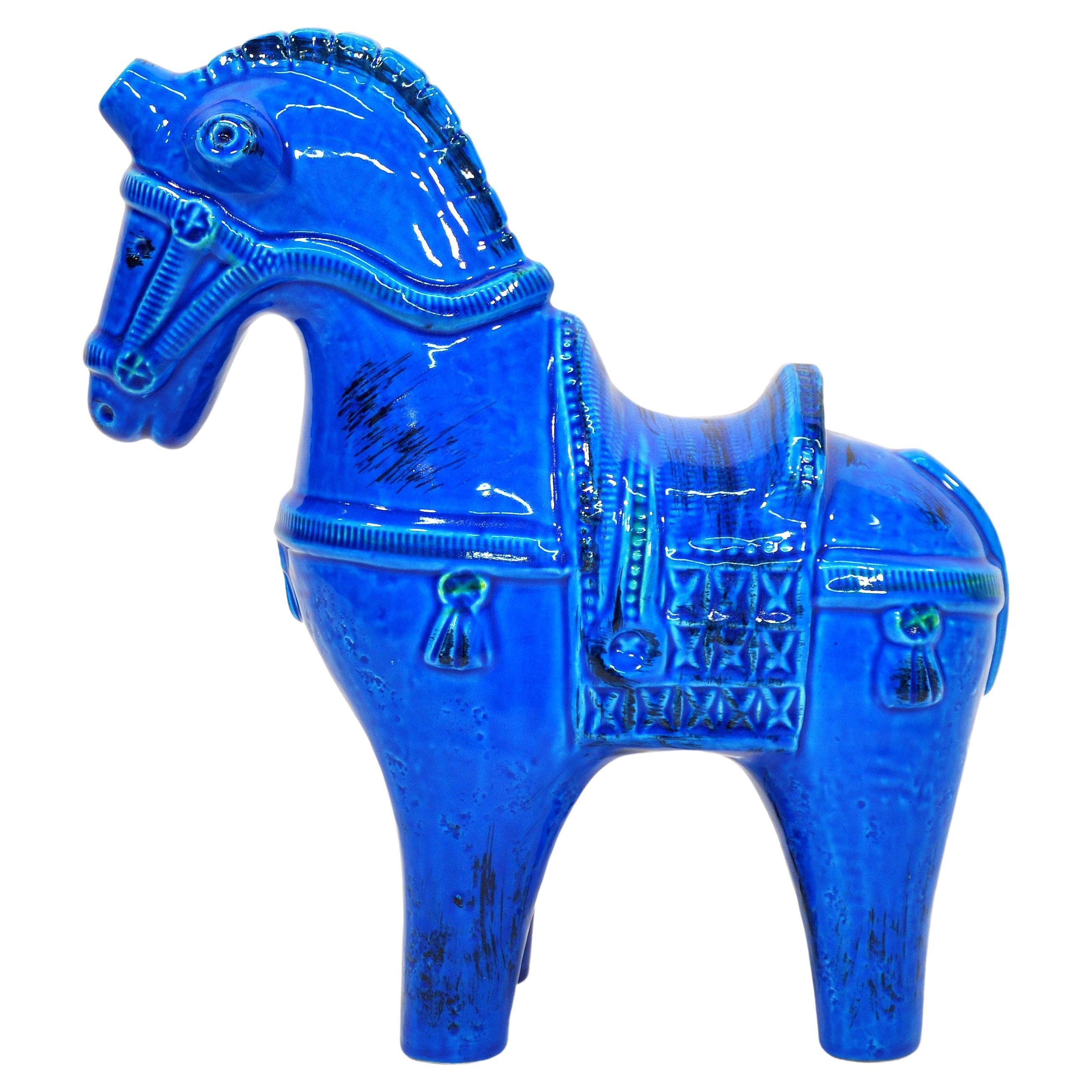 Mid-Century Modern Large Bitossi Blue Ceramic Horse Rimini Blu by Aldo Londi For Sale