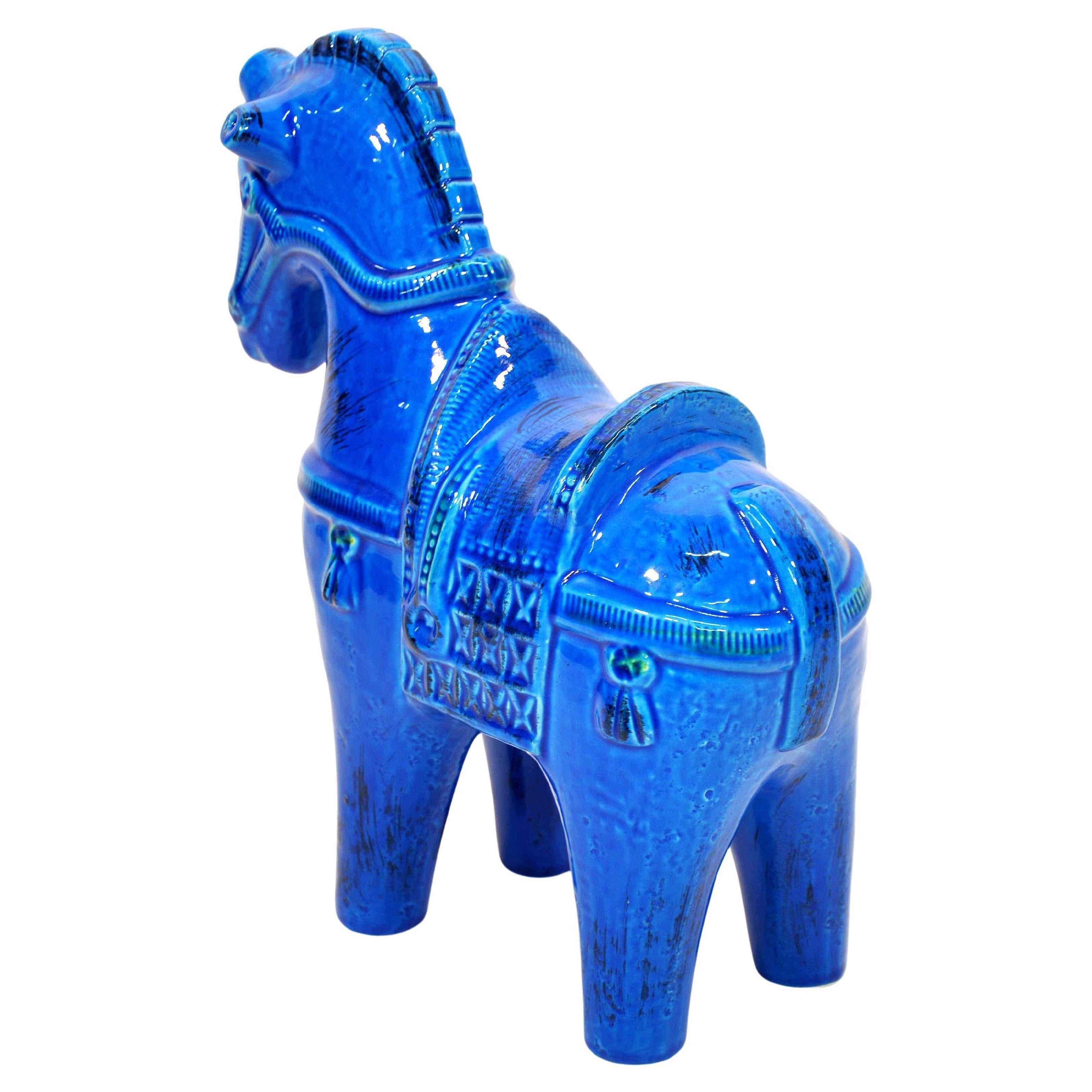 Large Bitossi Blue Ceramic Horse Rimini Blu by Aldo Londi In Excellent Condition For Sale In Miami, FL