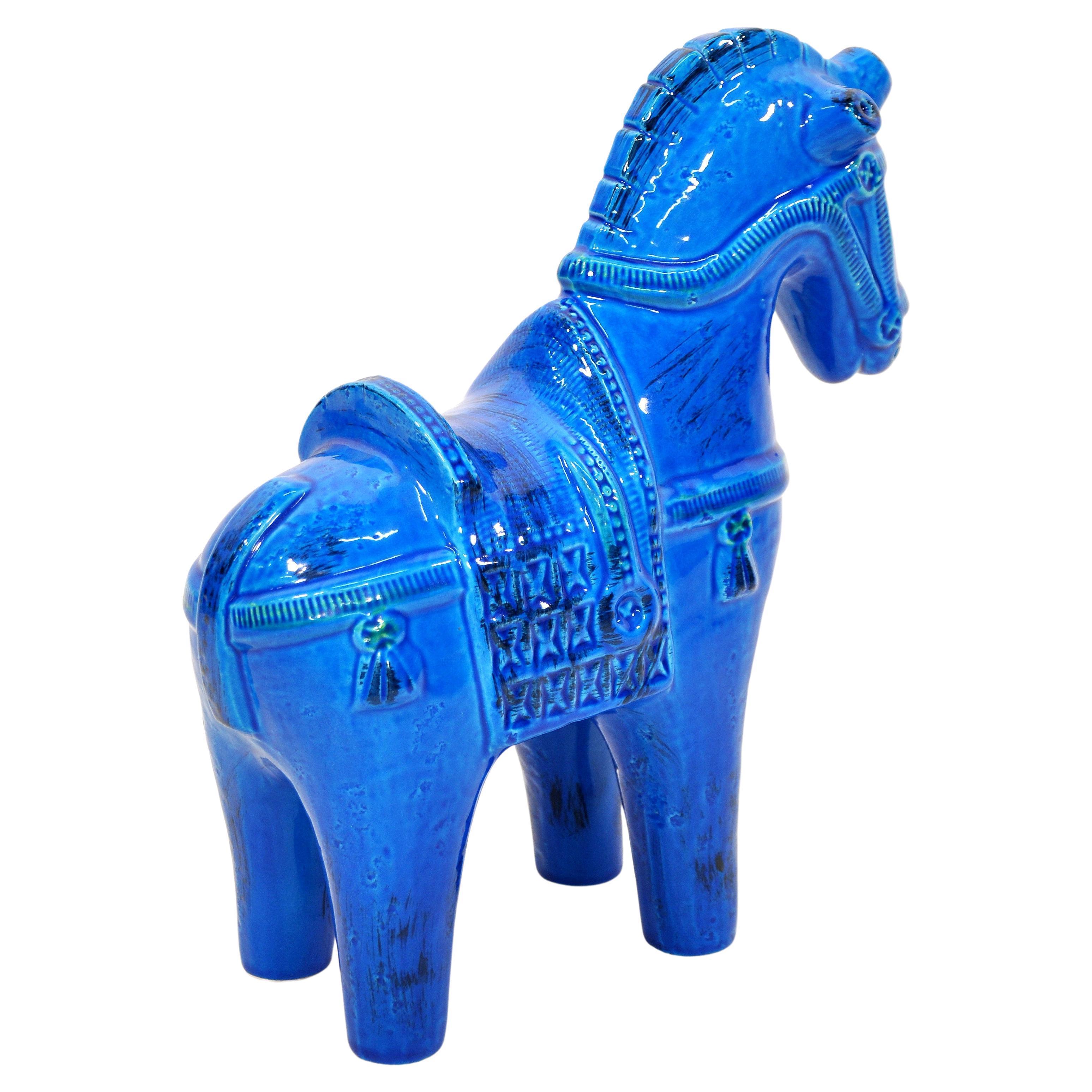 Large Bitossi Blue Ceramic Horse Rimini Blu by Aldo Londi For Sale 1