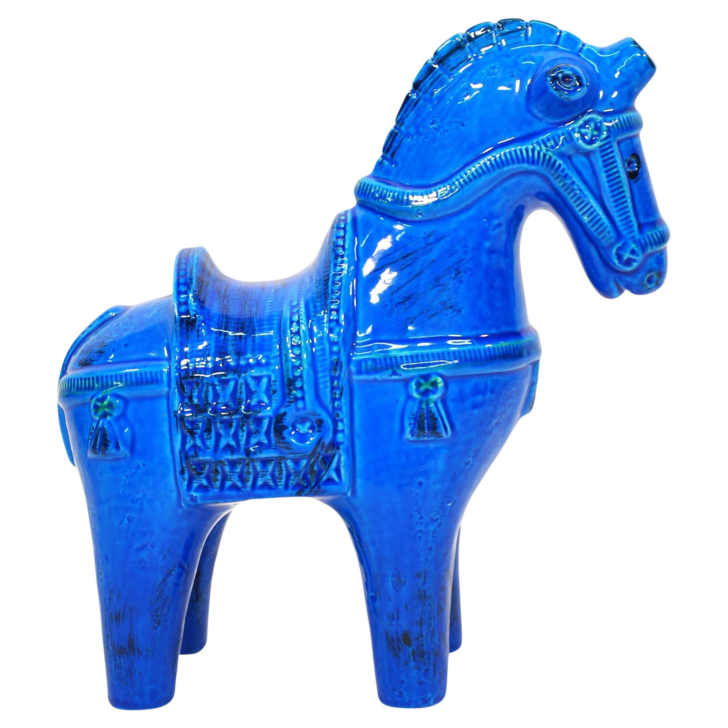 Large Bitossi Blue Ceramic Horse Rimini Blu by Aldo Londi For Sale